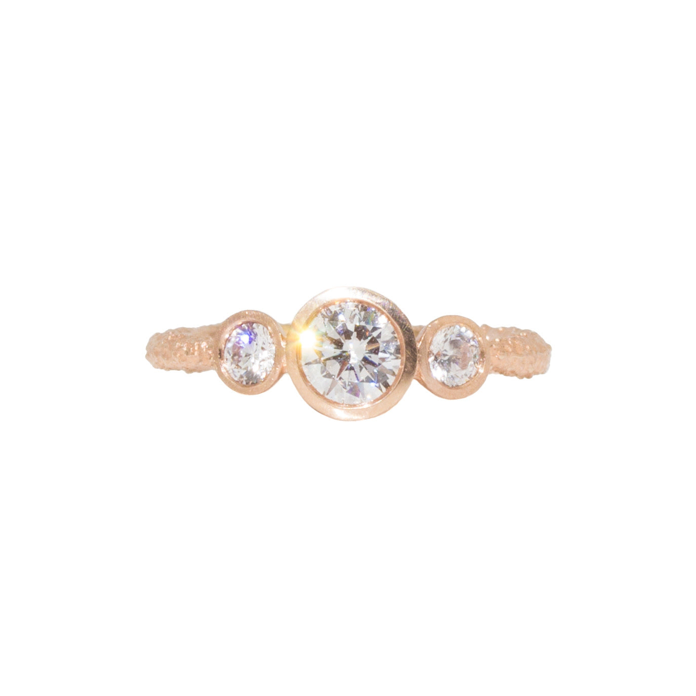 Three-Stone Engagement Ring with Lab-Grown Diamonds in Sand-Textured 14k Rose Gold