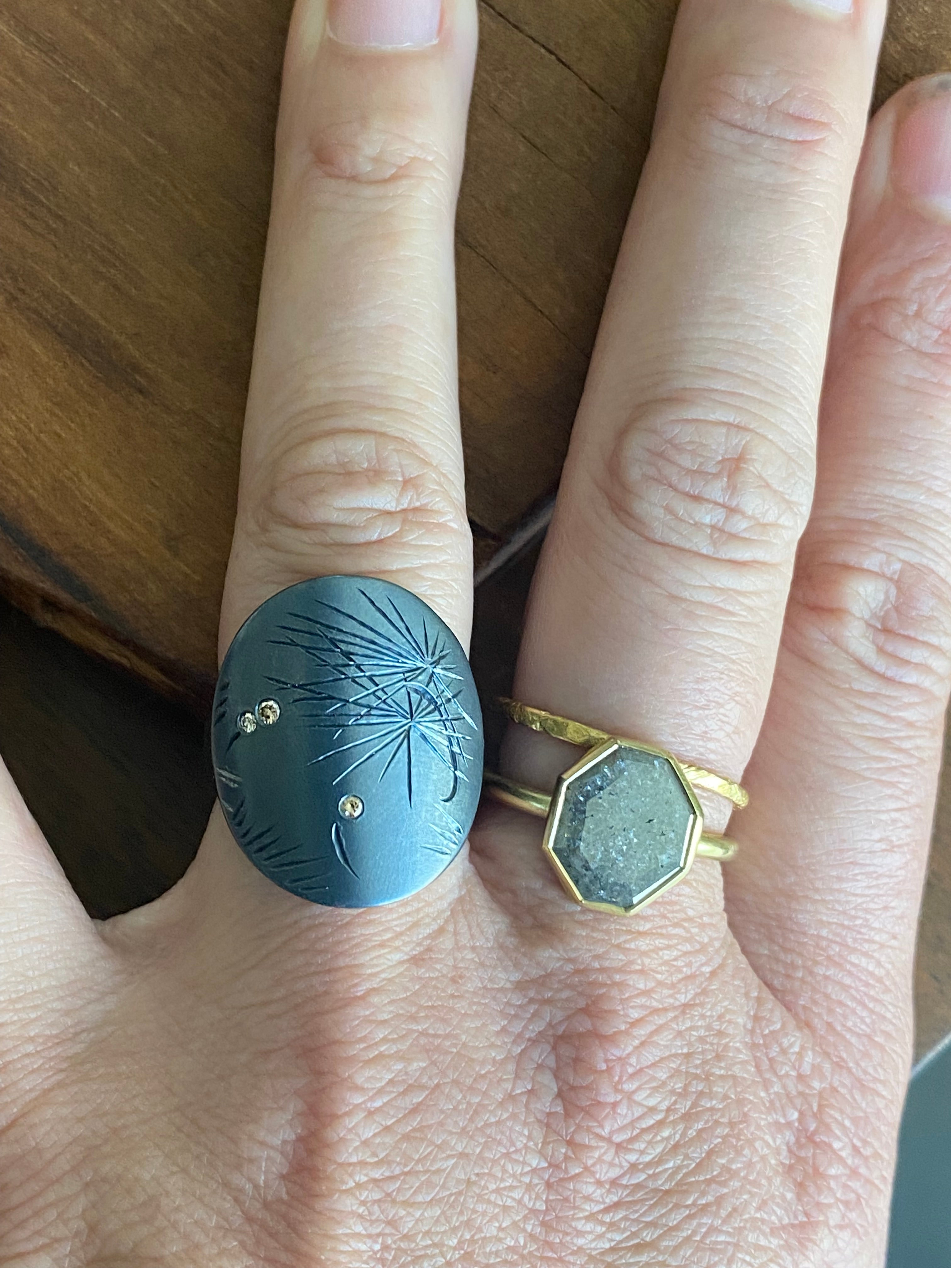 Chrysanthemum Ring with Pale Cognac Diamonds in Oxidized Silver