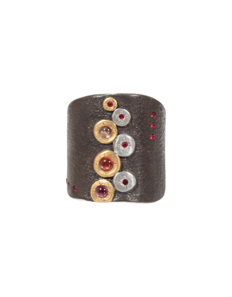 Shield Ring with Sapphires and Red Spinels in Platinum, 22k Gold and Silver