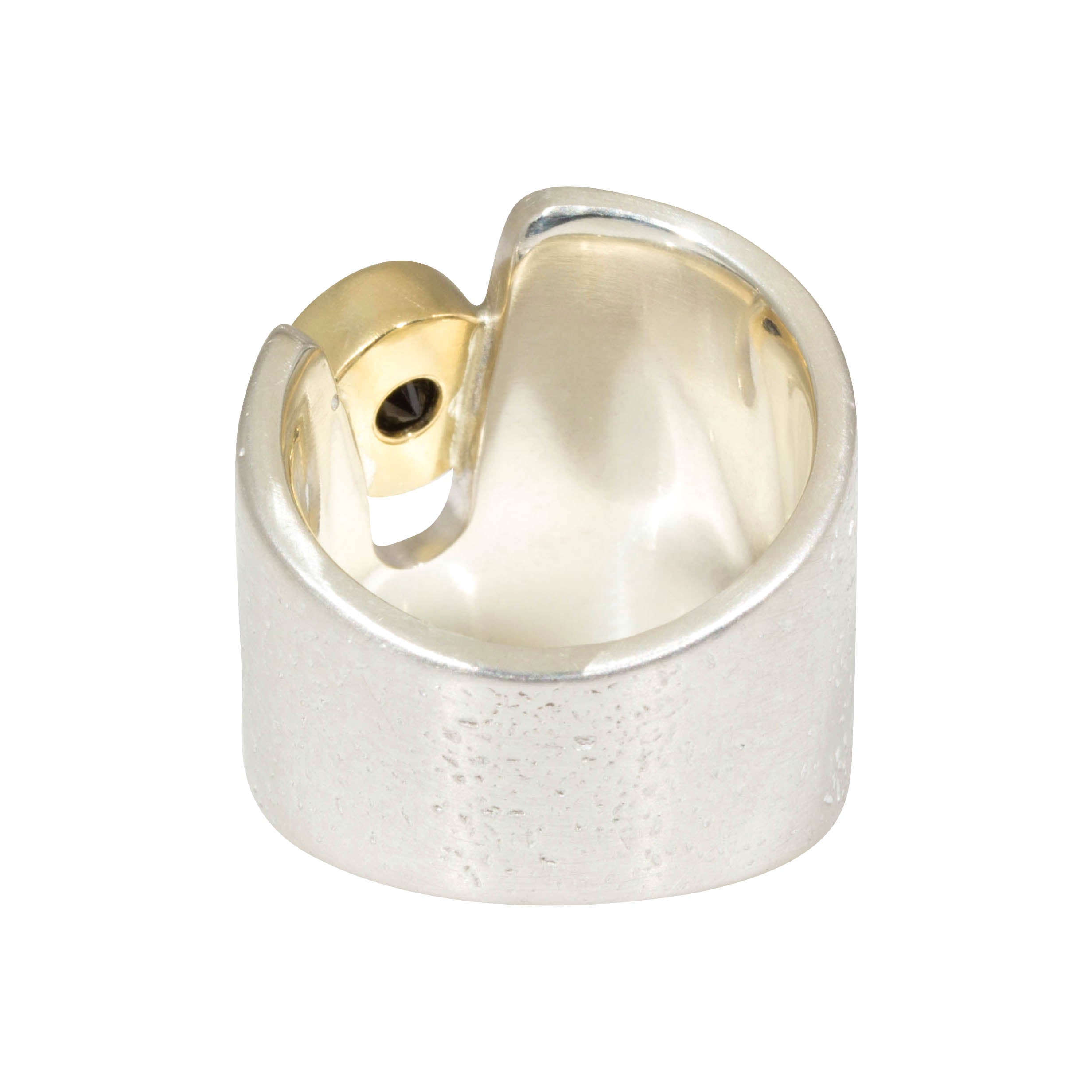 Textured Cuba Ring in Silver with Black Diamond in 18k Yellow Gold