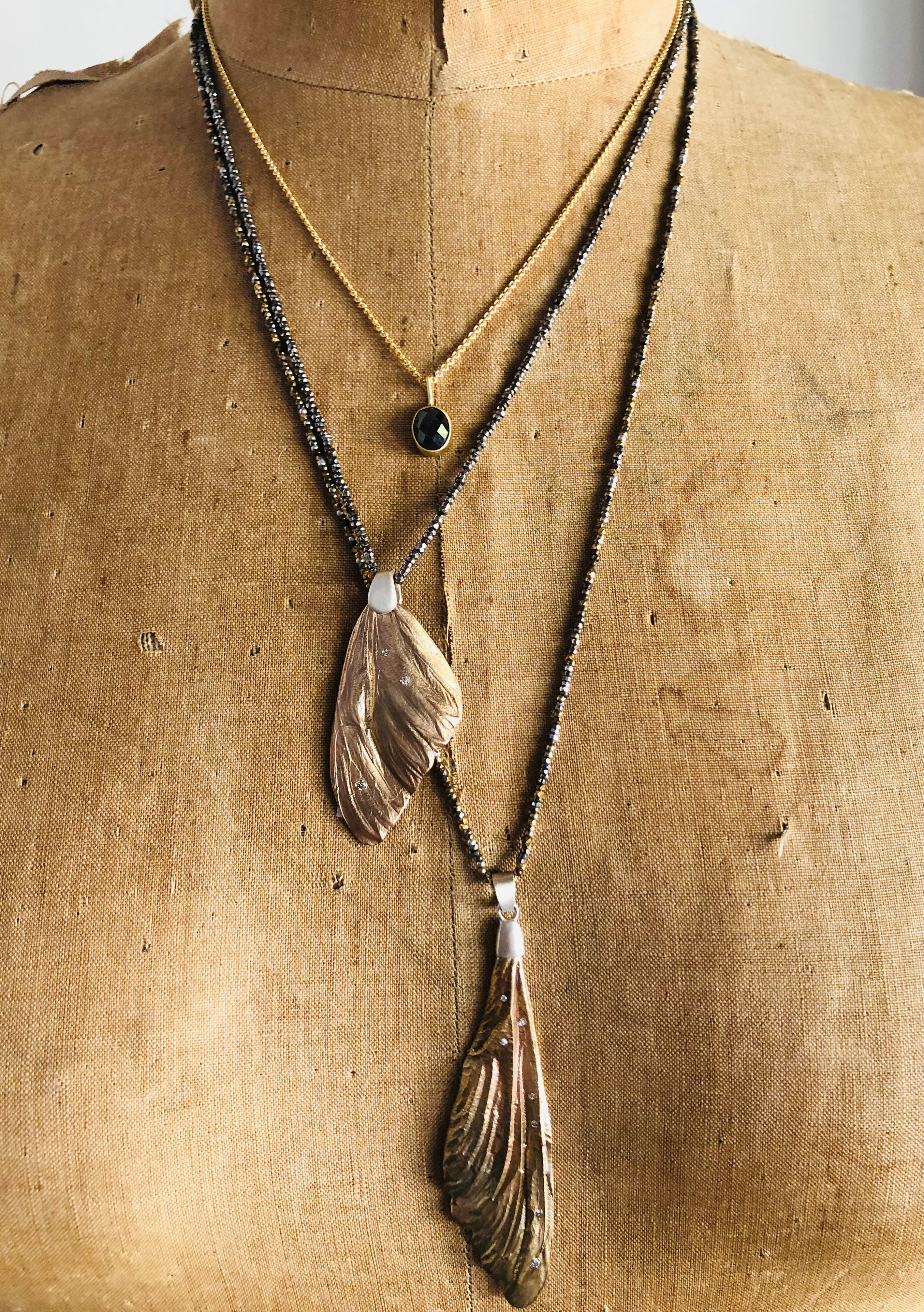 Dragonfly Wing Pendant in Bronze and Silver with White Diamonds