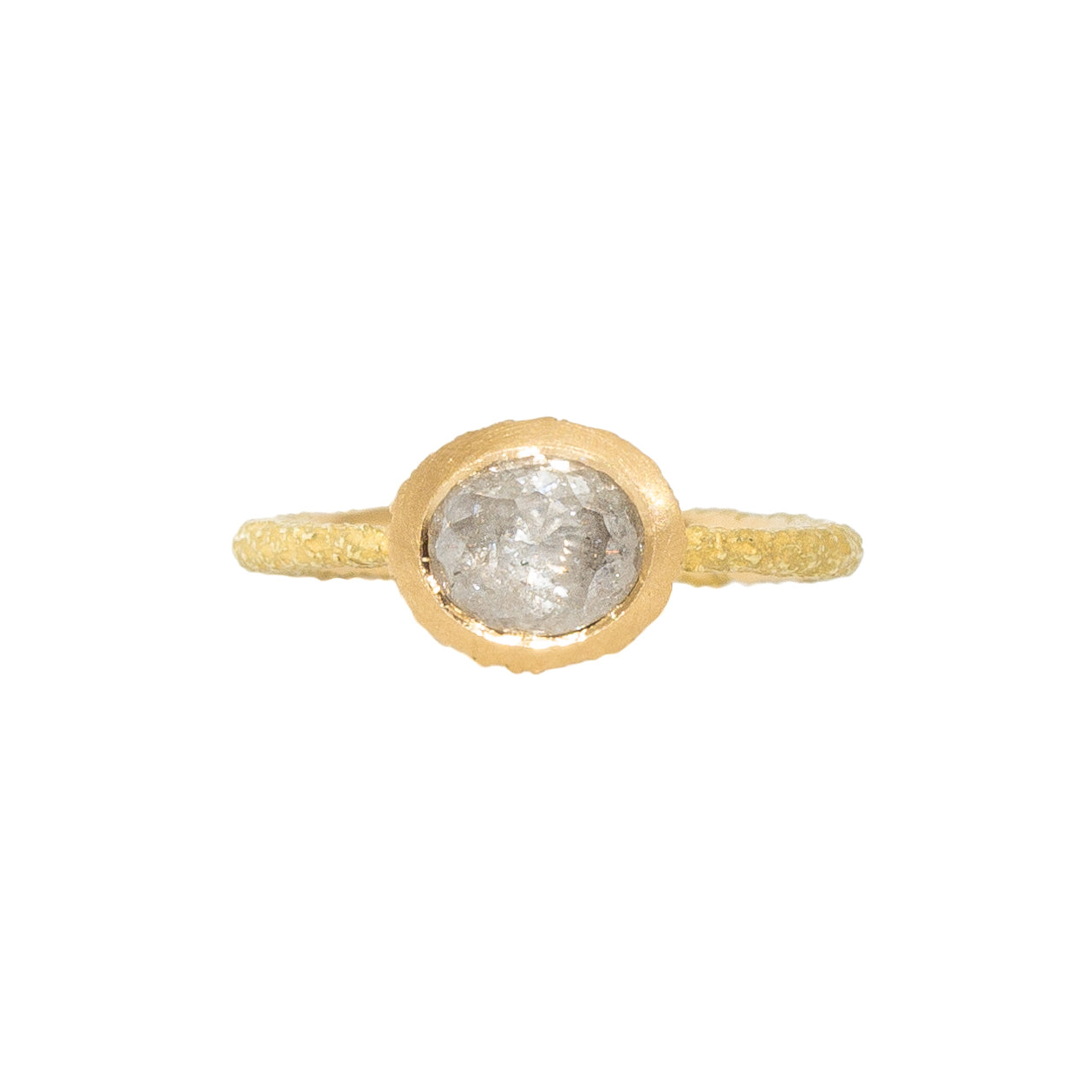 Oval Rosecut Diamond Solitaire Ring in Sand-Textured 18k Yellow Gold