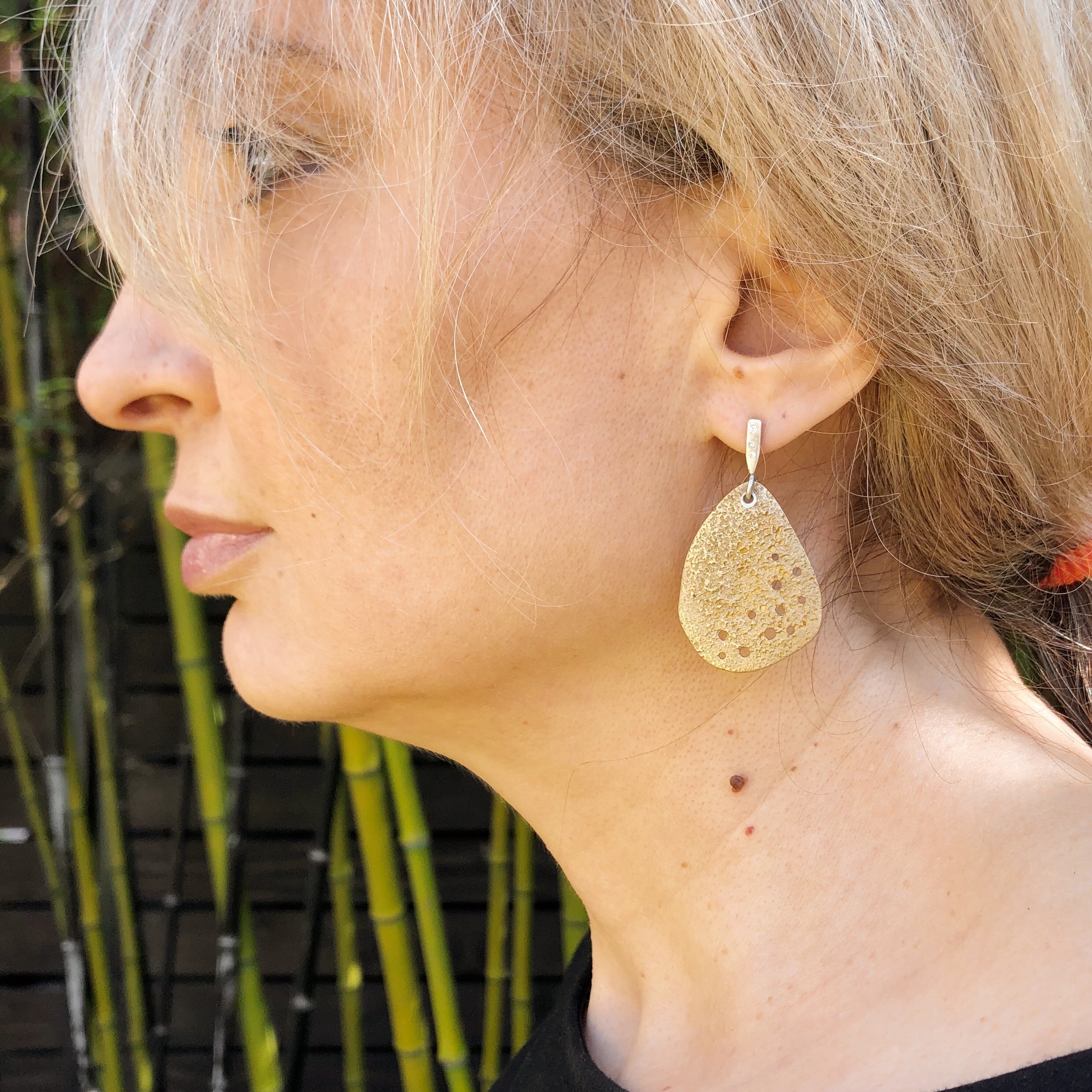 Topography Texture Bronze and Silver Post Dangle Earrings with Grey Sapphires