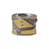 Canvas Cigar Band with Tsavorite Green Garnets and White Diamonds in 22k Gold and Silver