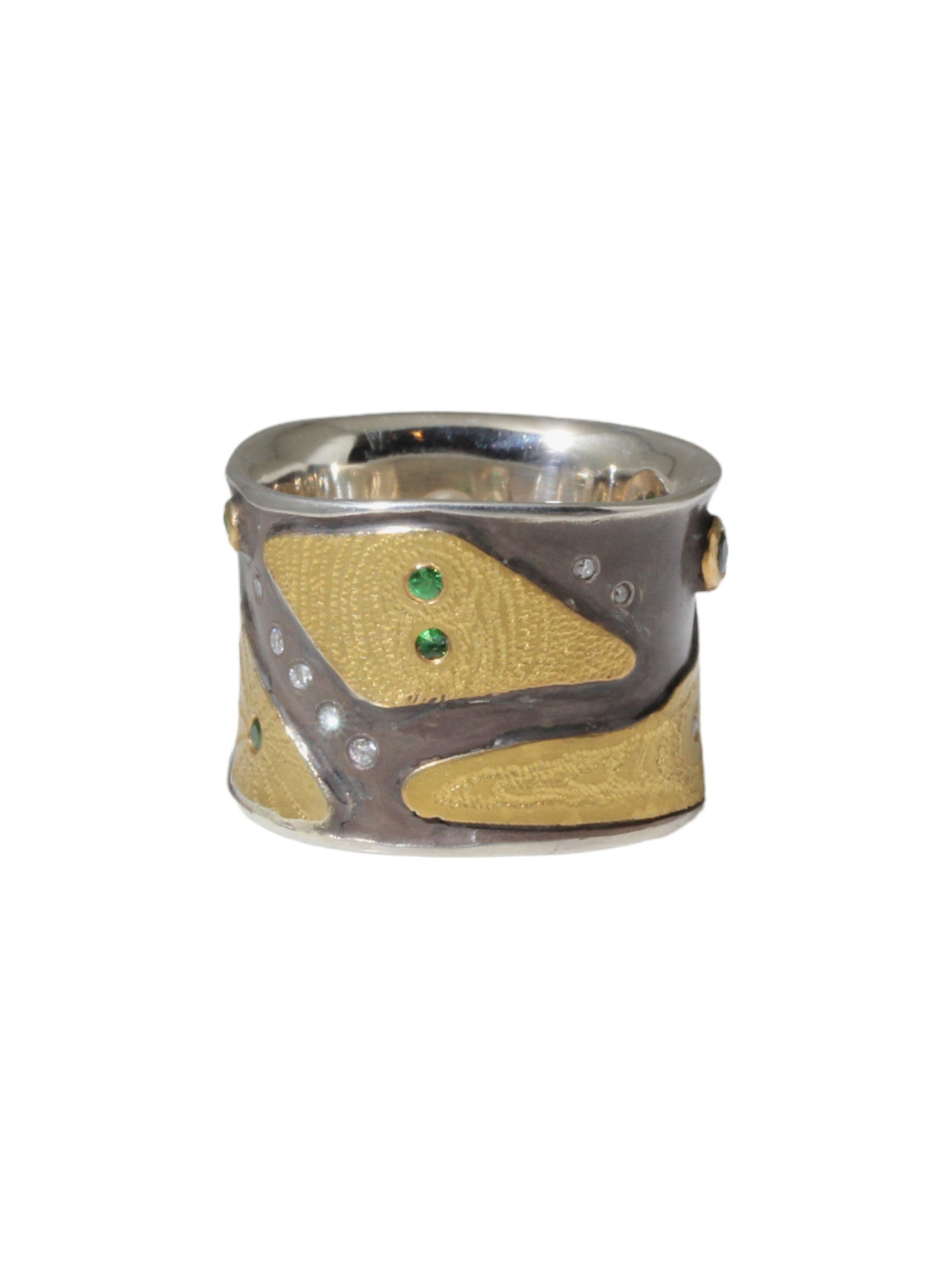 Canvas Cigar Band with Tsavorite Green Garnets and White Diamonds in 22k Gold and Silver