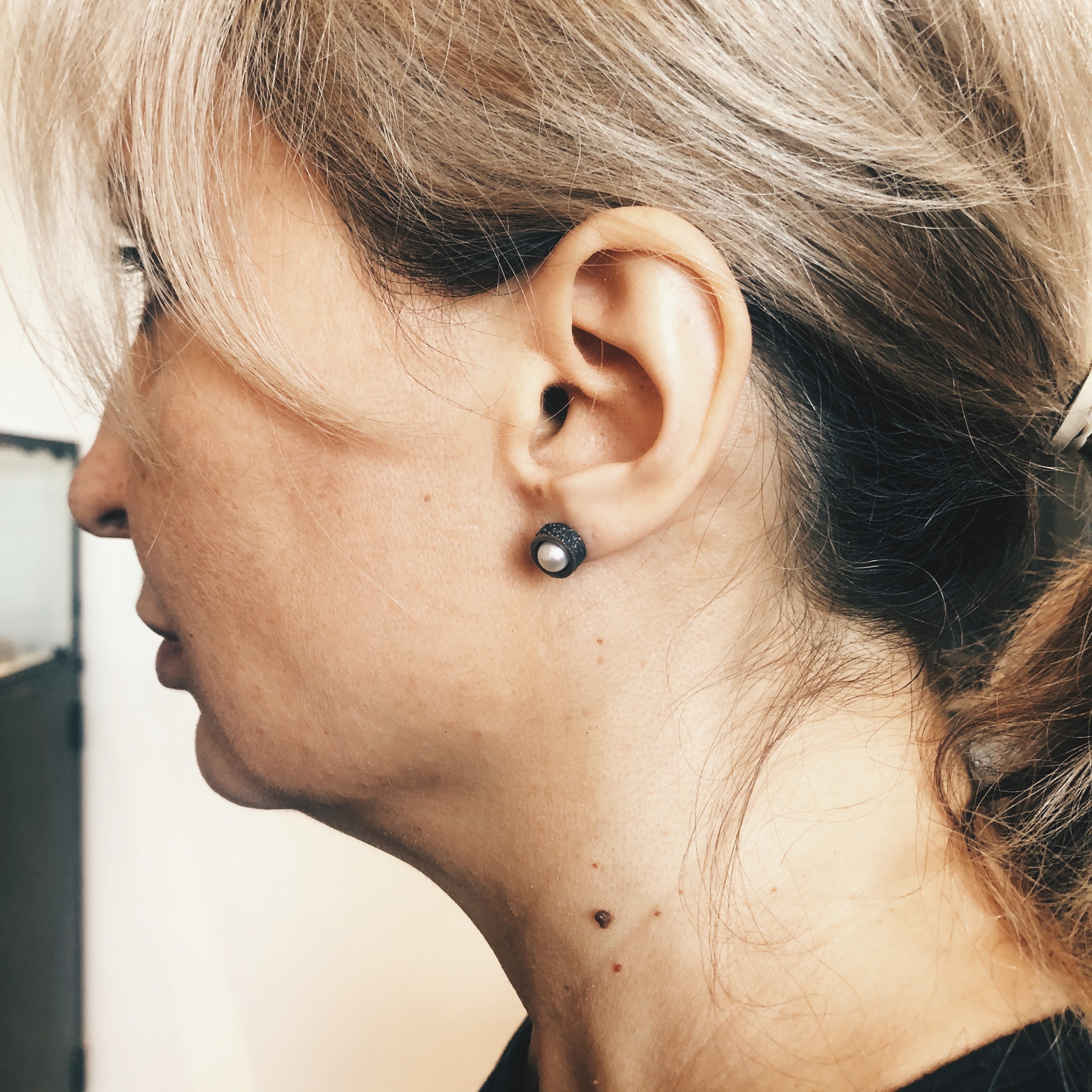 Grey Pearl Post Earrings with Sand Texture in Oxidized Silver