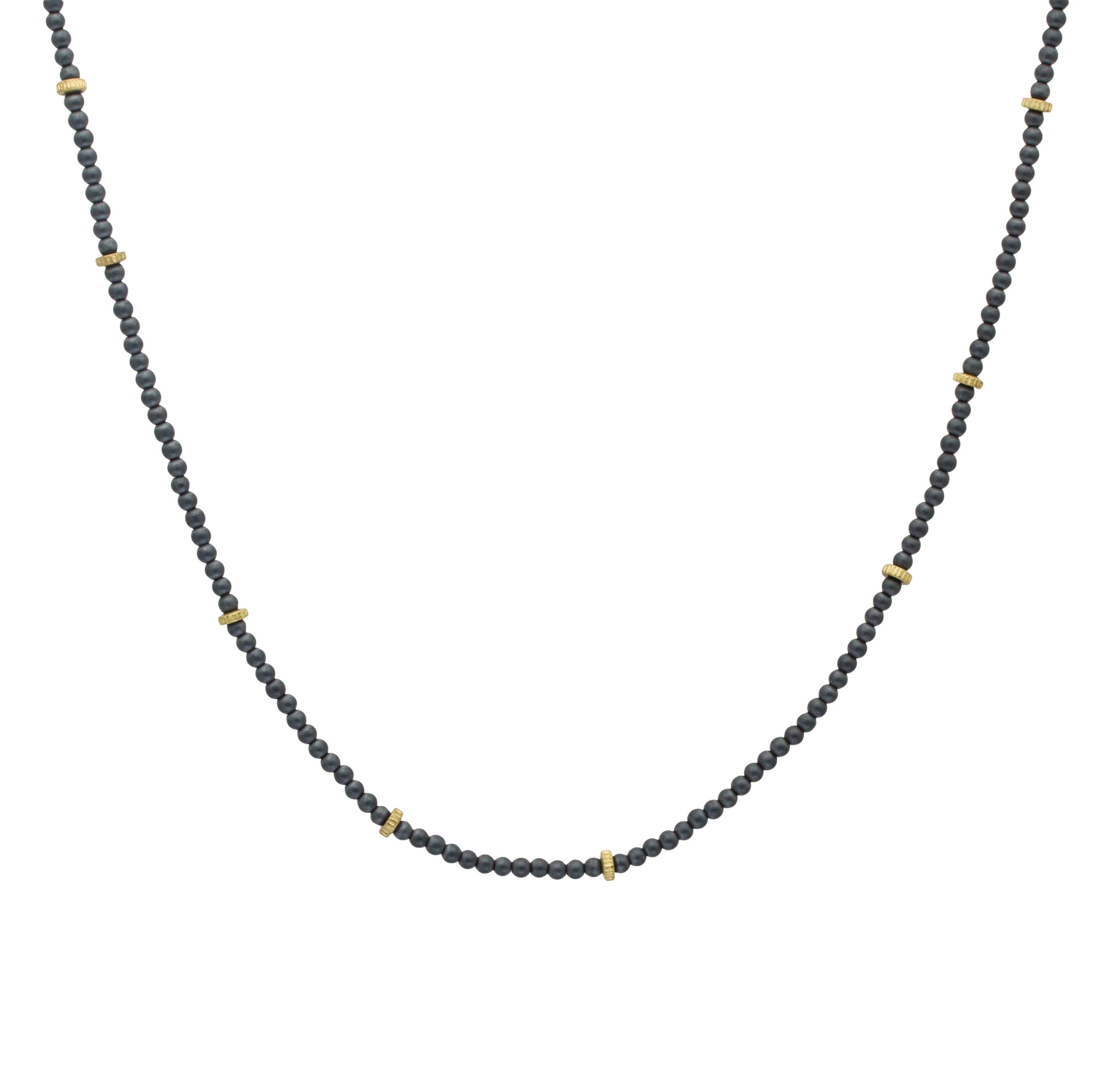 Hematite and Brass Gear Bead Necklace with Oxidized Silver Clasp - 32.5"