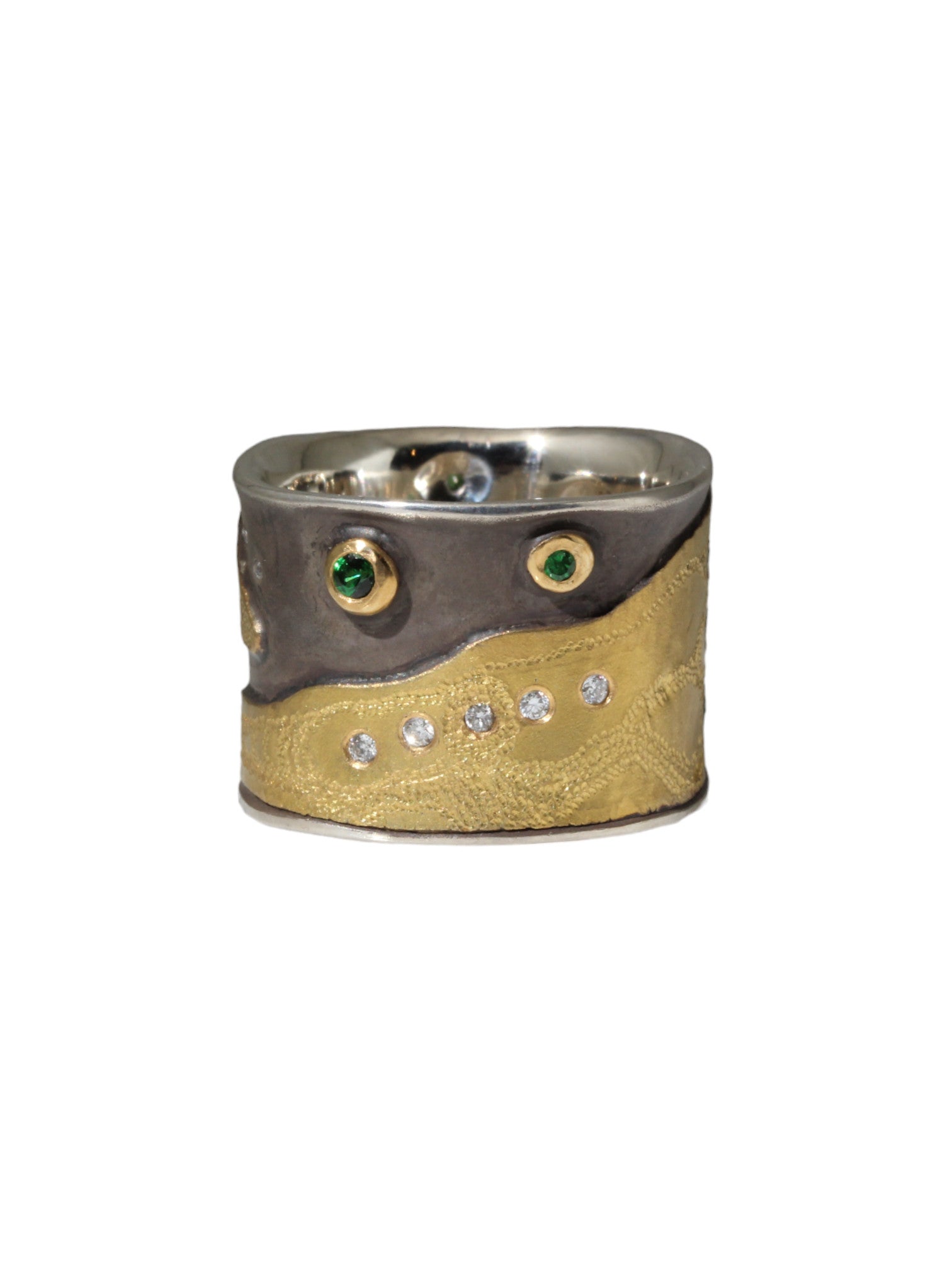 Canvas Cigar Band with Tsavorite Green Garnets and White Diamonds in 22k Gold and Silver