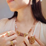 Phantom Lodolite Quartz Necklace with Copper Rutilated Quartz Beads, Brutalist Clasp in Yellow Bronze