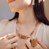 Phantom Lodolite Quartz Necklace with Copper Rutilated Quartz Beads, Brutalist Clasp in Yellow Bronze