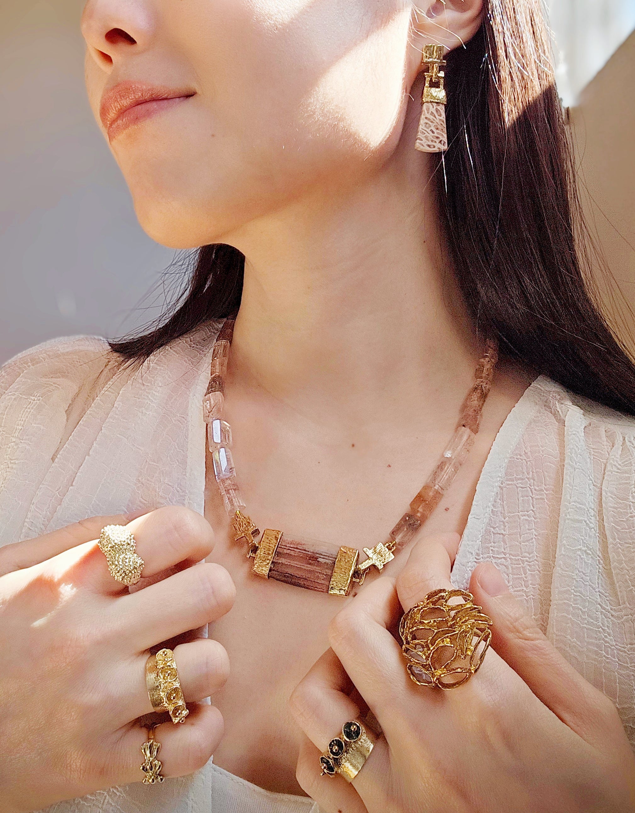 Phantom Lodolite Quartz Necklace with Copper Rutilated Quartz Beads, Brutalist Clasp in Yellow Bronze