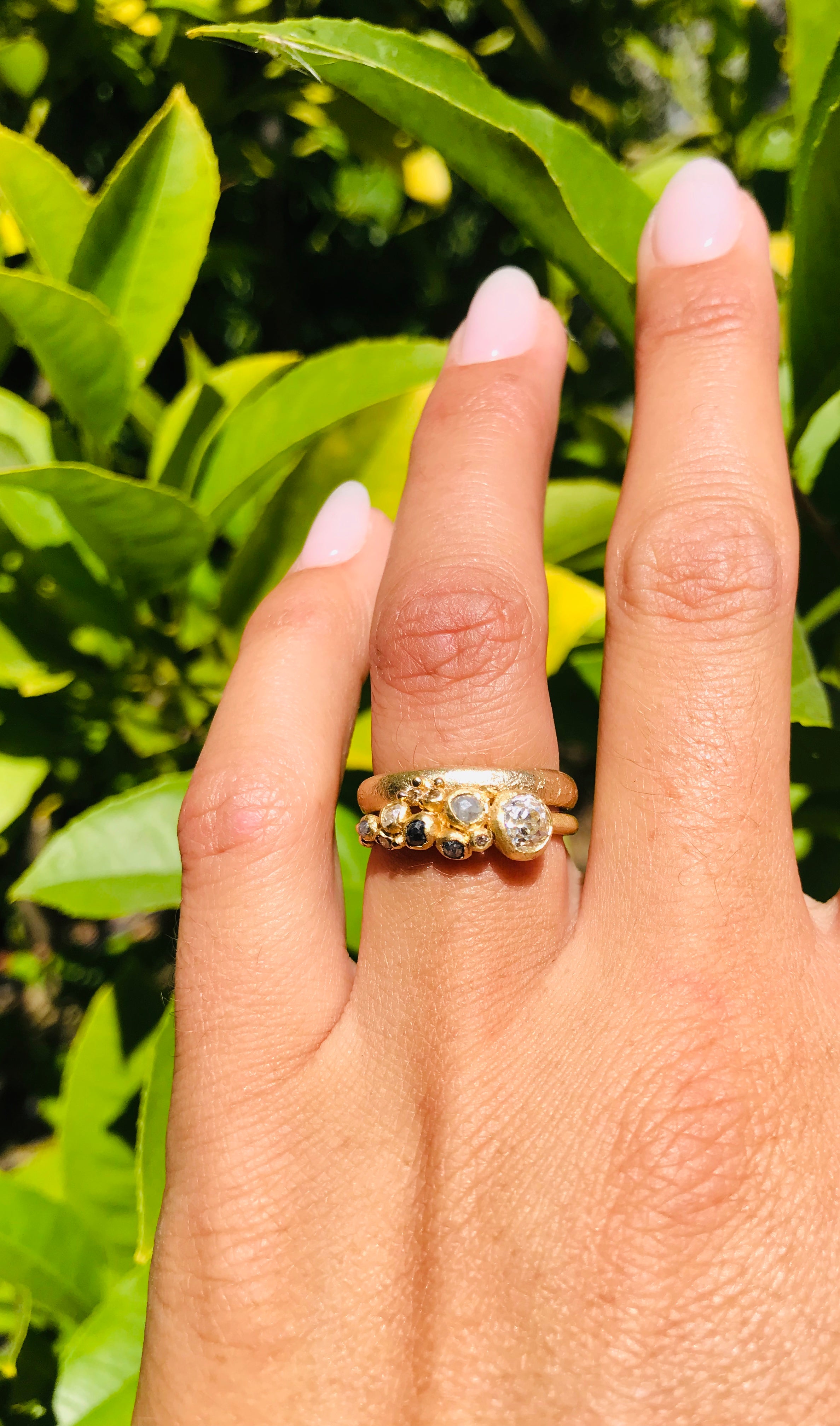 Diamond Cluster Ring with Antique Round Diamond in 14k Yellow Gold