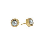 Grey Pearl Post Earrings with Sand Texture in 18k Yellow Gold