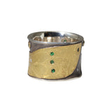 Canvas Cigar Band with Tsavorite Green Garnets and White Diamonds in 22k Gold and Silver