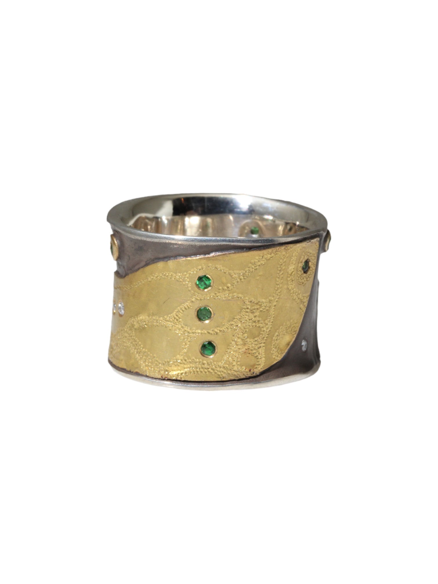 Canvas Cigar Band with Tsavorite Green Garnets and White Diamonds in 22k Gold and Silver