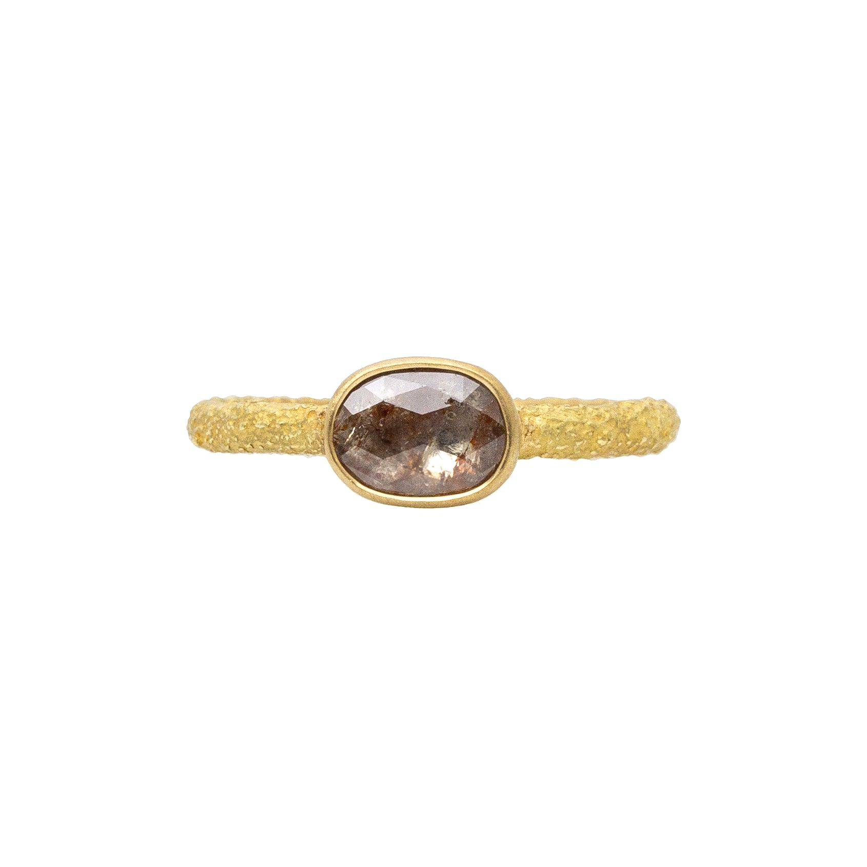 Oval Rosecut Red Diamond Solitaire Ring in Sand-Textured 18k Yellow Gold