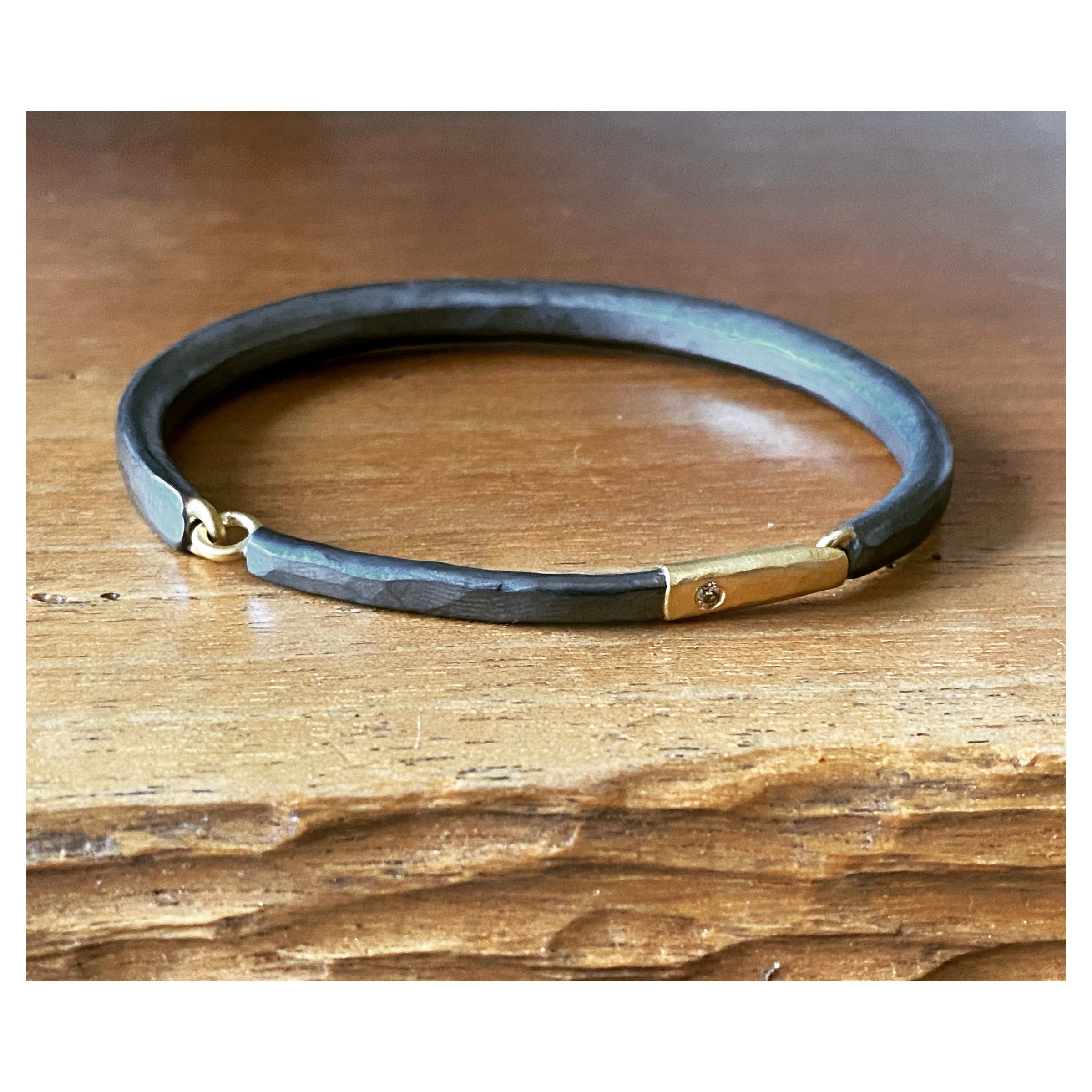 Forged Men's Cuff Bracelet with Cognac Diamond in Oxidized Silver & 18k Gold