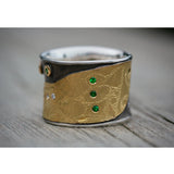 Canvas Cigar Band with Tsavorite Green Garnets and White Diamonds in 22k Gold and Silver