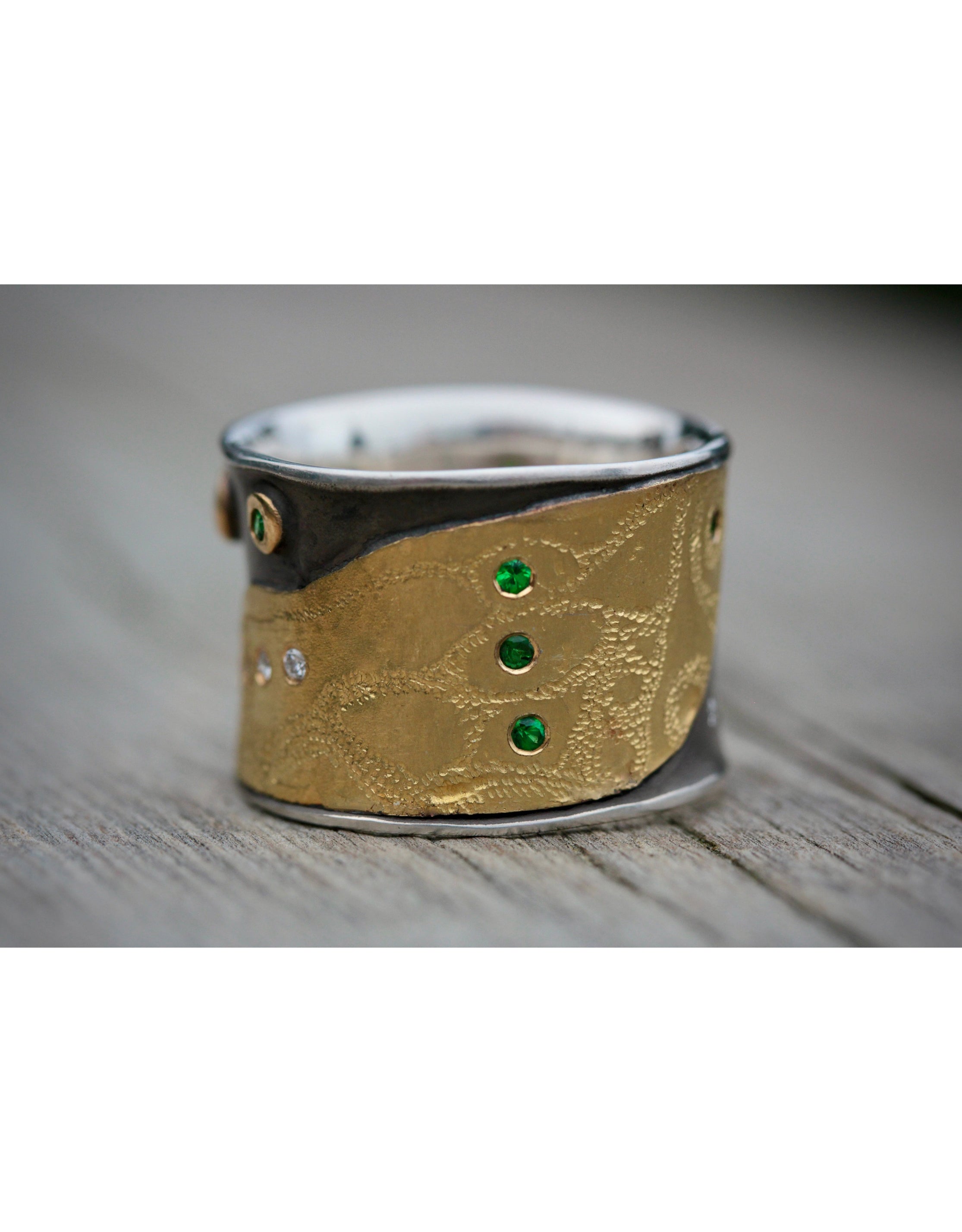 Canvas Cigar Band with Tsavorite Green Garnets and White Diamonds in 22k Gold and Silver