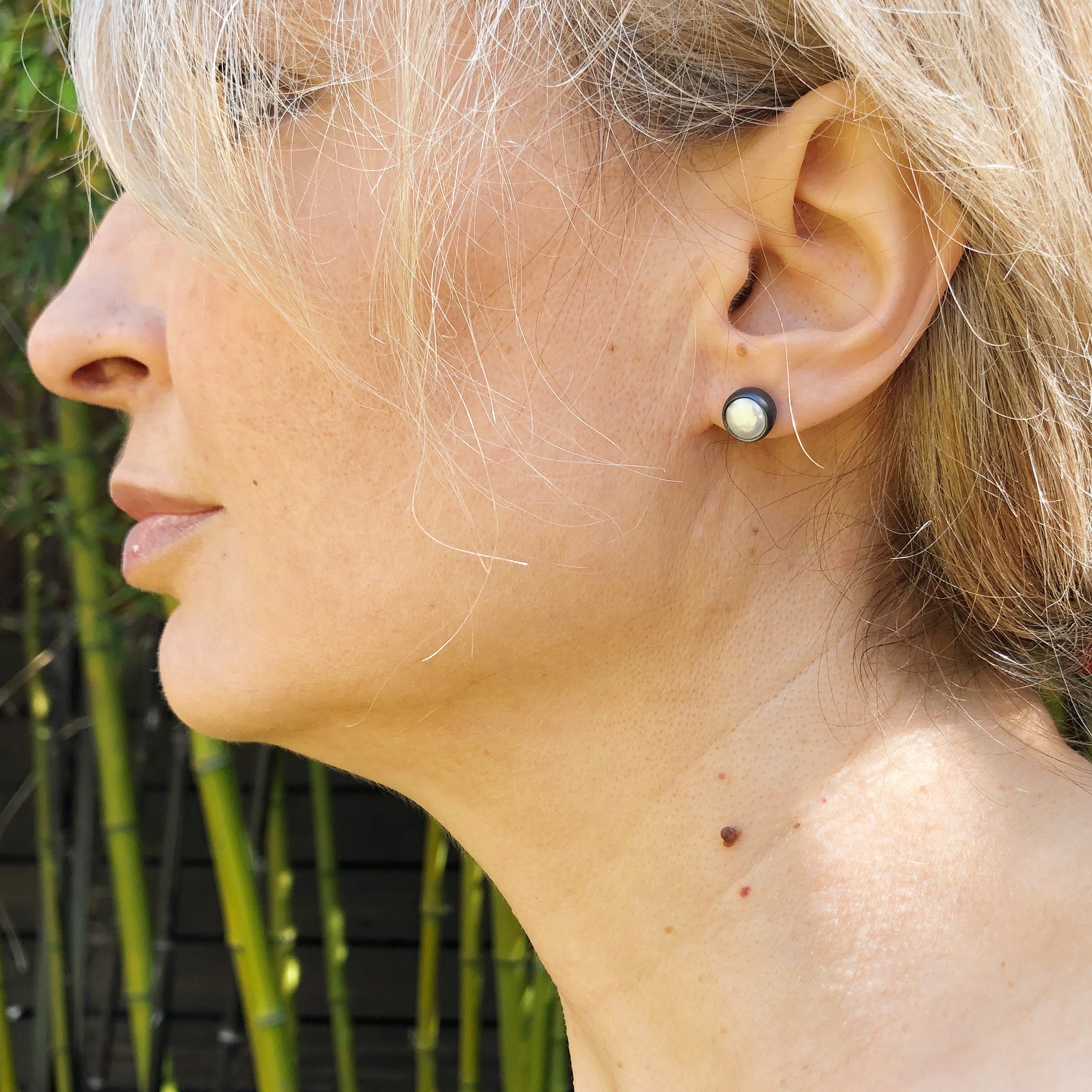 Small Biwa Post Earrings in Oxidized Silver