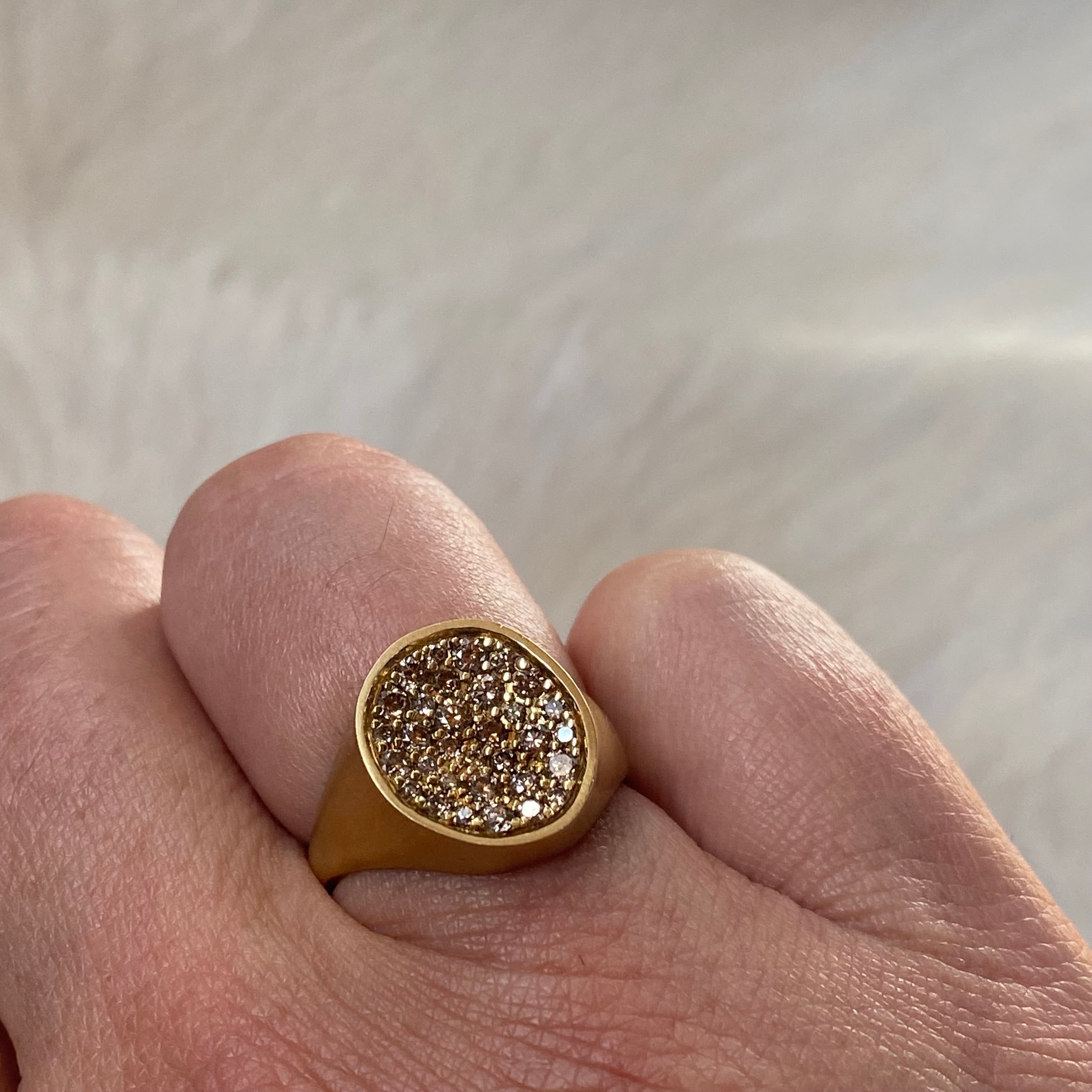 Organic Shaped Pave Signet Ring with Cognac Diamonds in 18k Yellow Gold