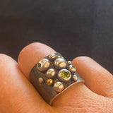 Wide Bubble Ring with Green Garnet & Sapphires in Oxidized Silver