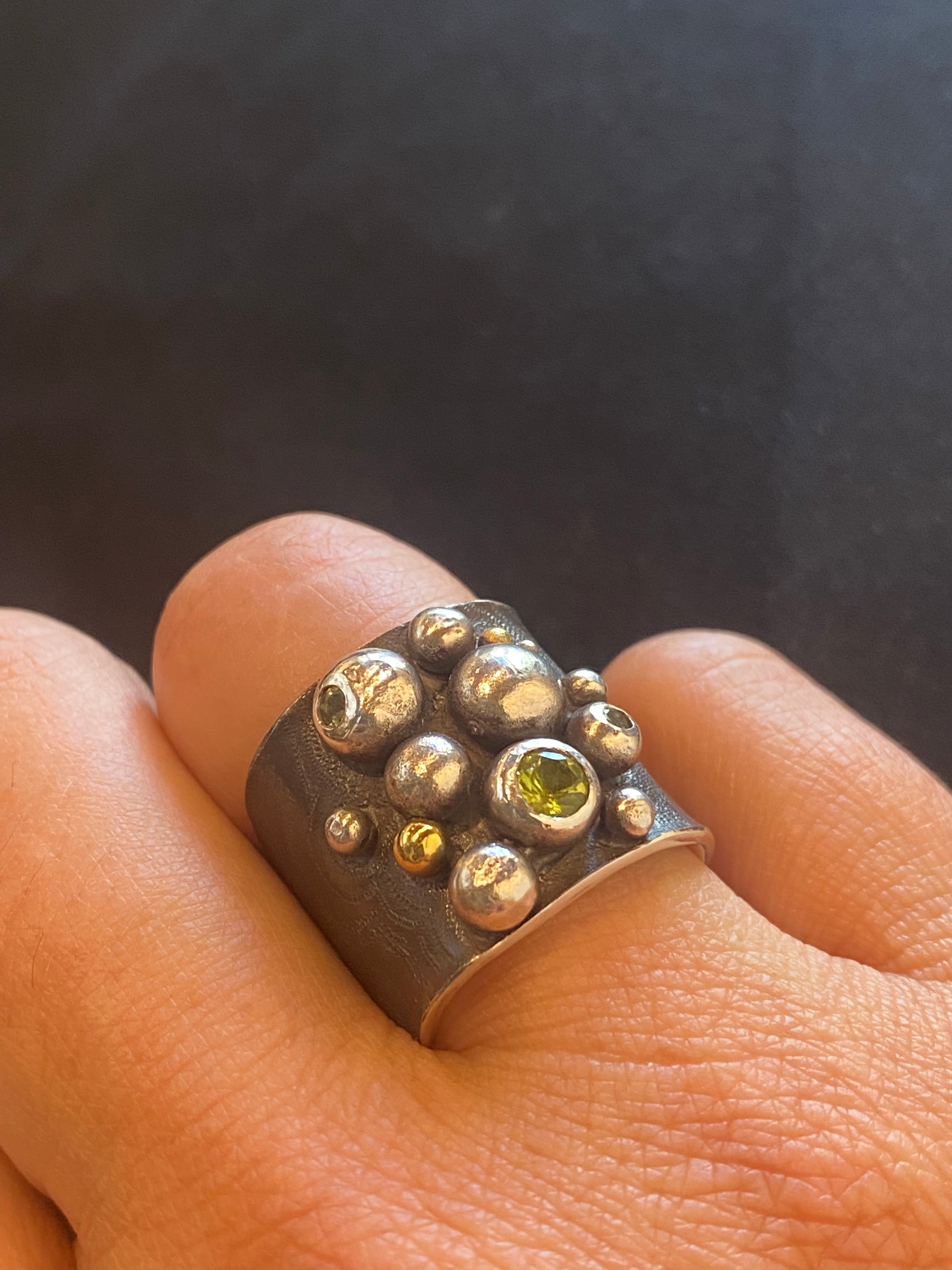 Wide Bubble Ring with Green Garnet & Sapphires in Oxidized Silver