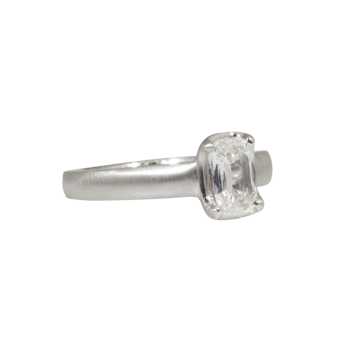 Scooped Prong Set Antique Cut Cushion Diamond in Platinum