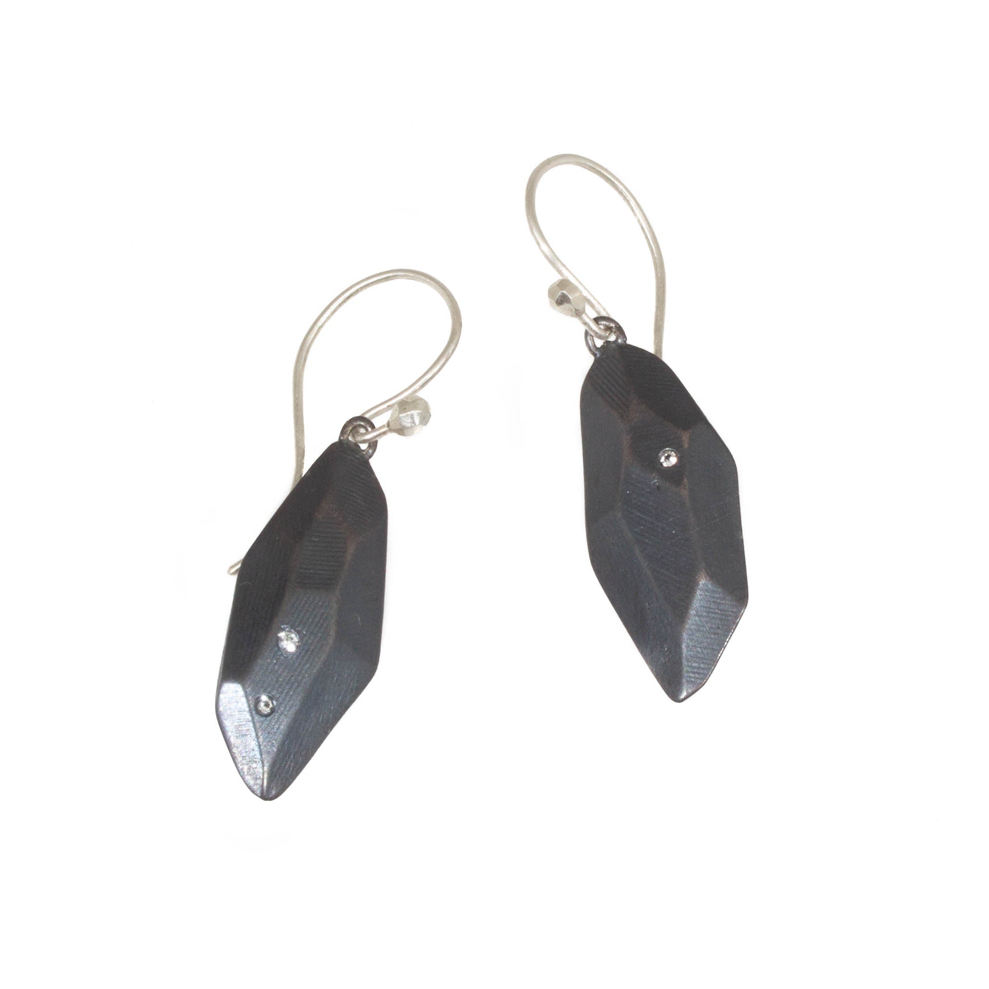 Flat Faceted Earrings in Oxidized Silver with White Sapphires with Silver Wires