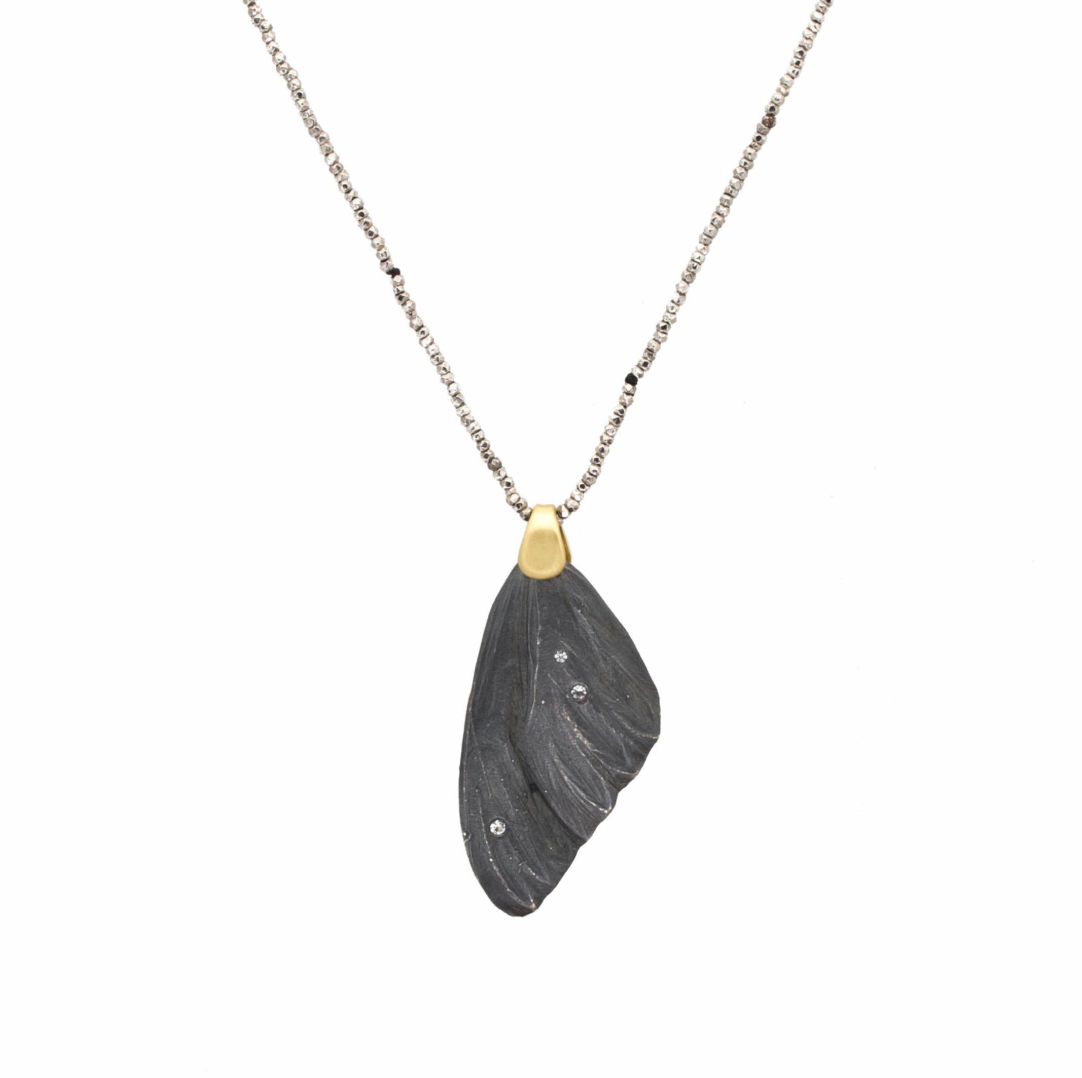 Mariposa Wing Pendant in Oxidized Silver and 18k Yellow Gold on Steel Cut Bead Chain