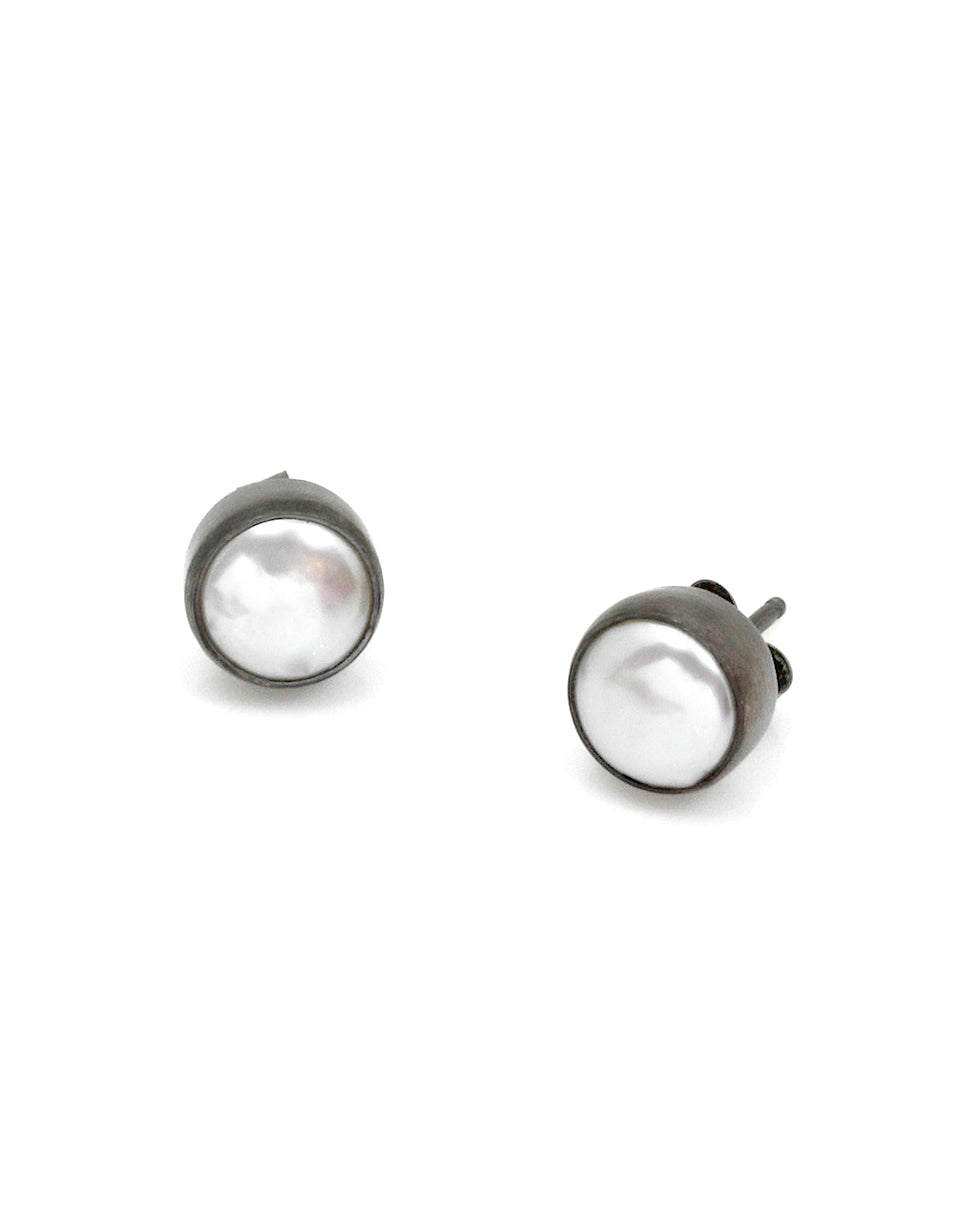 Small Biwa Post Earrings in Oxidized Silver