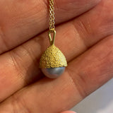 Grey Pearl Cap Pendant in Sand-Textured 18k Yellow Gold