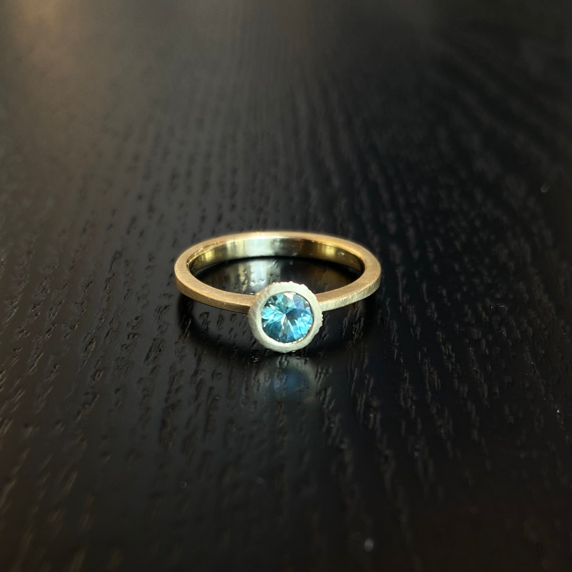 Green Montana Sapphire Solitaire in 18k Yellow Gold with Sand-Textured Setting