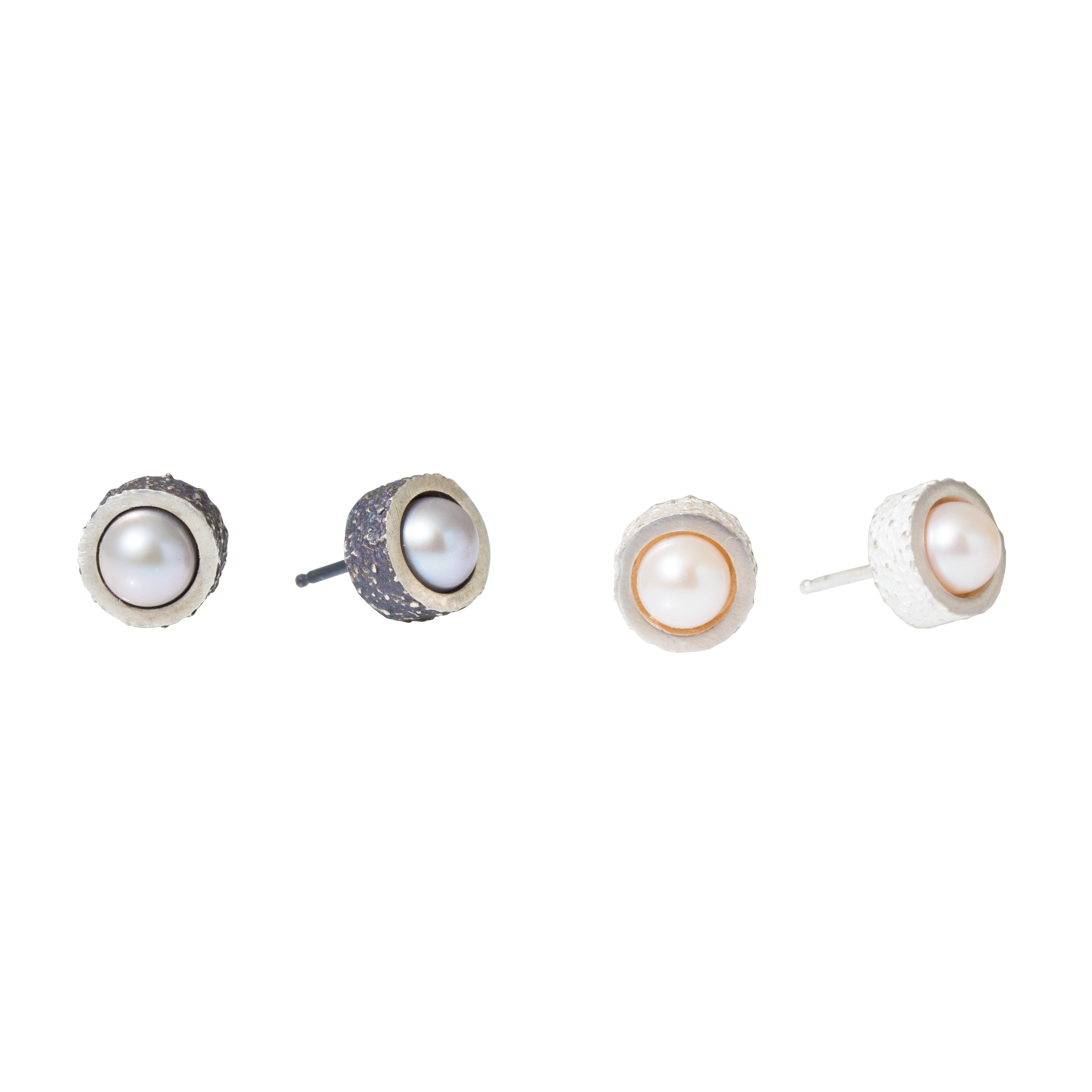 White Pearl Post Earrings with Sand Texture in Silver