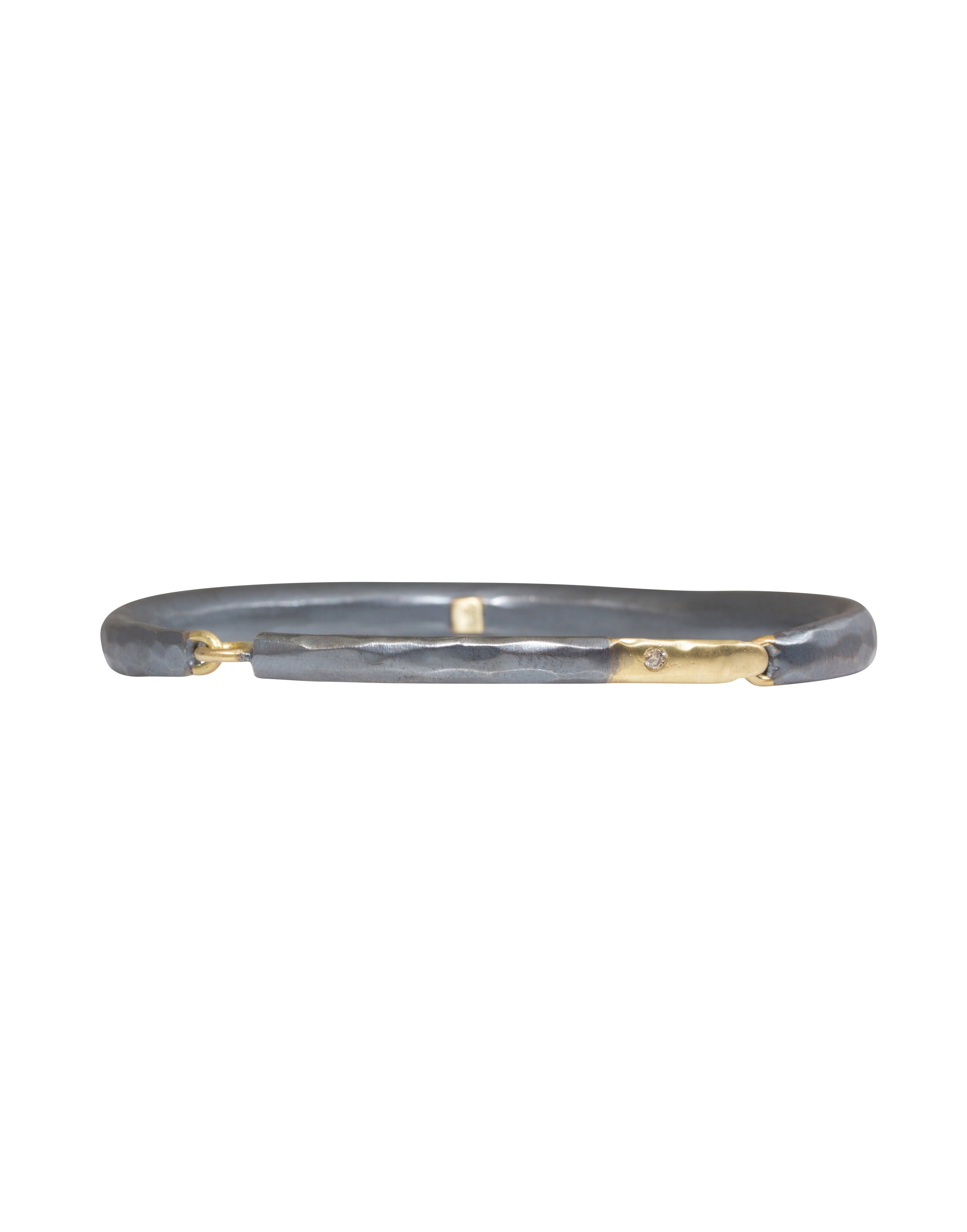 Forged Men's Cuff Bracelet with Cognac Diamond in Oxidized Silver & 18k Gold