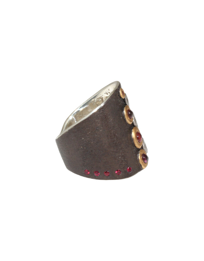 Shield Ring with Sapphires and Red Spinels in Platinum, 22k Gold and Silver