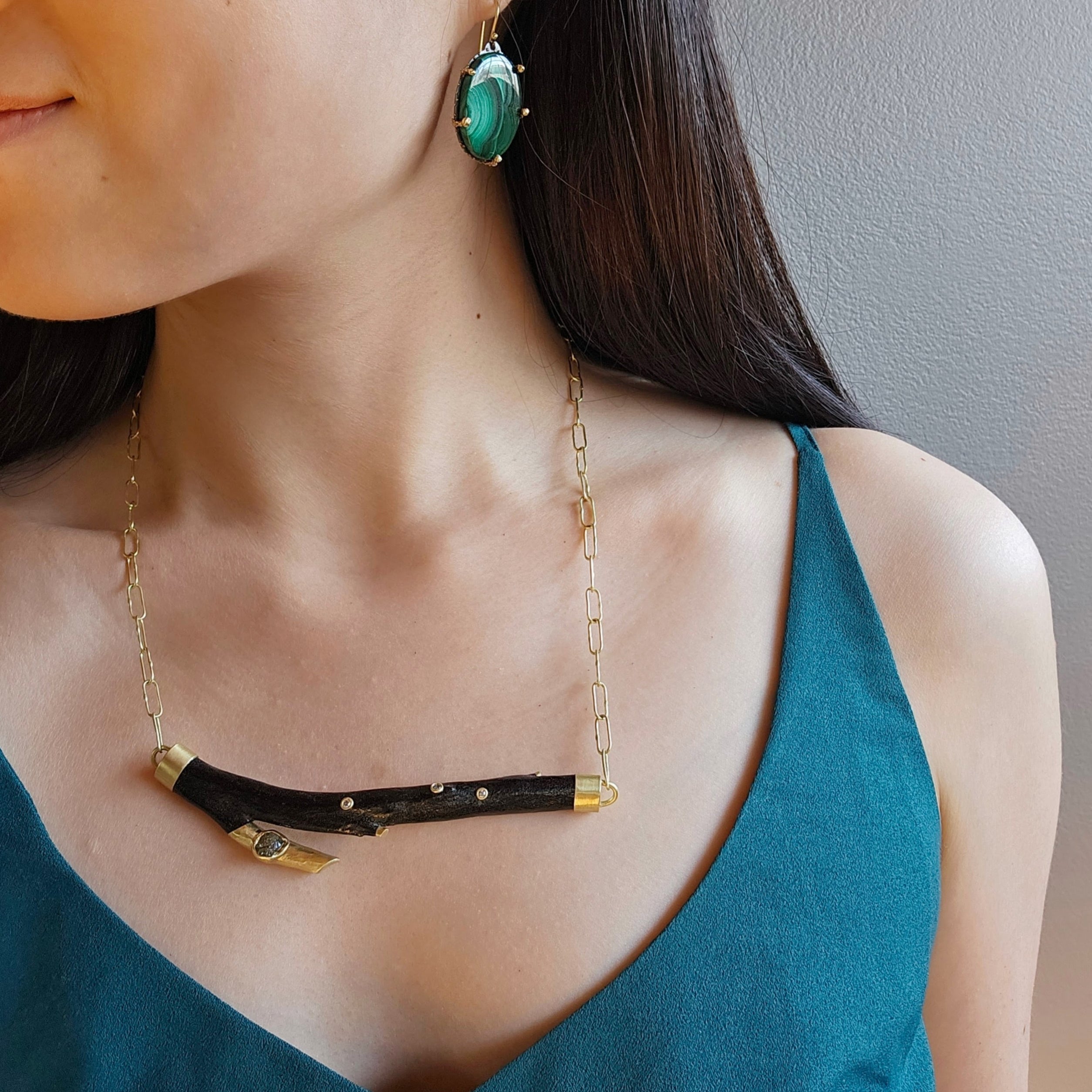 Black Coral Branch Necklace in 18k Gold with Handmade Chain and Rough Diamond