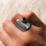 Textured Cuba Ring in Silver with Black Diamond in 18k Yellow Gold