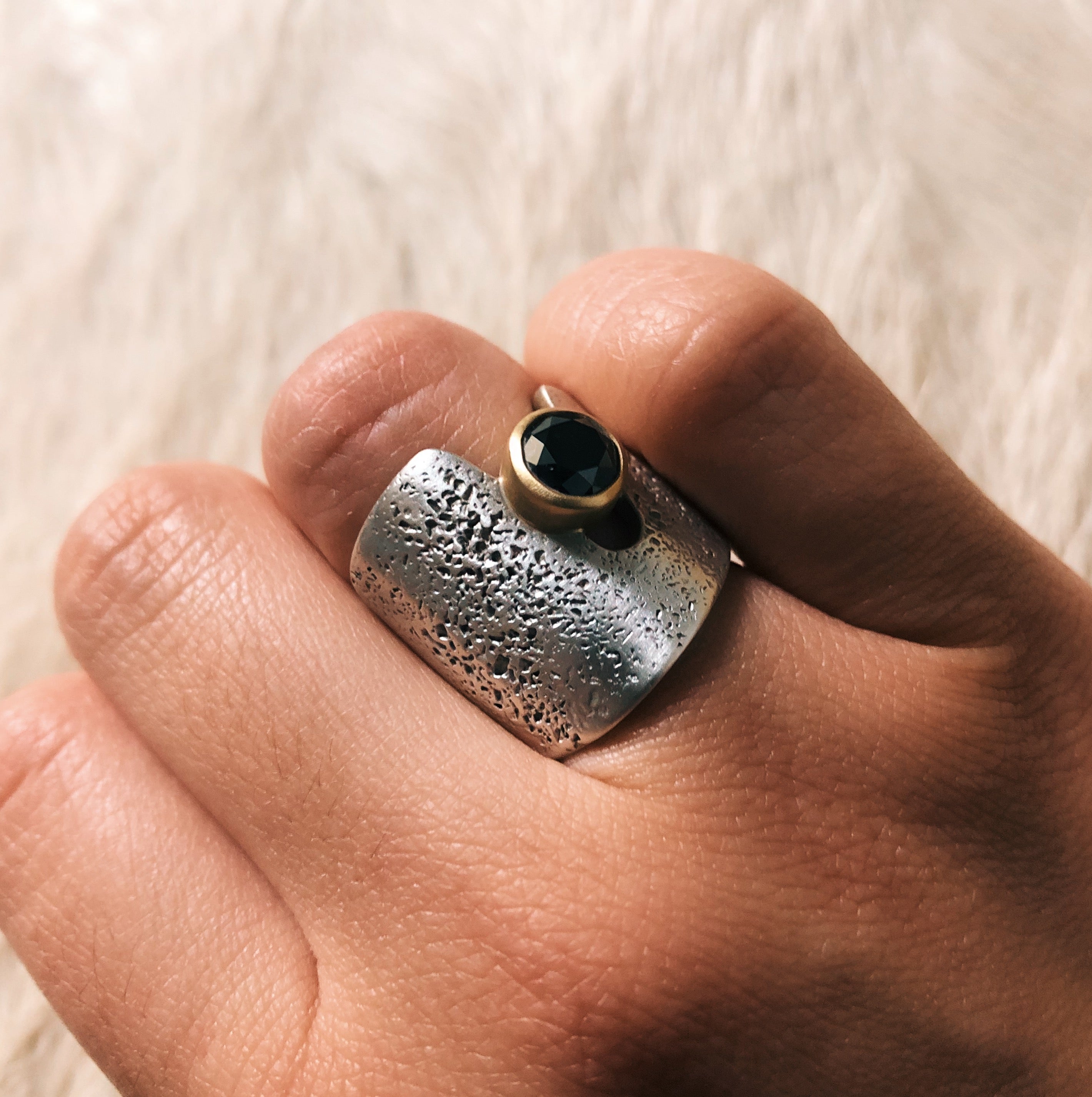 Textured Cuba Ring in Silver with Black Diamond in 18k Yellow Gold