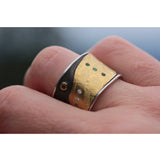 Canvas Cigar Band with Tsavorite Green Garnets and White Diamonds in 22k Gold and Silver