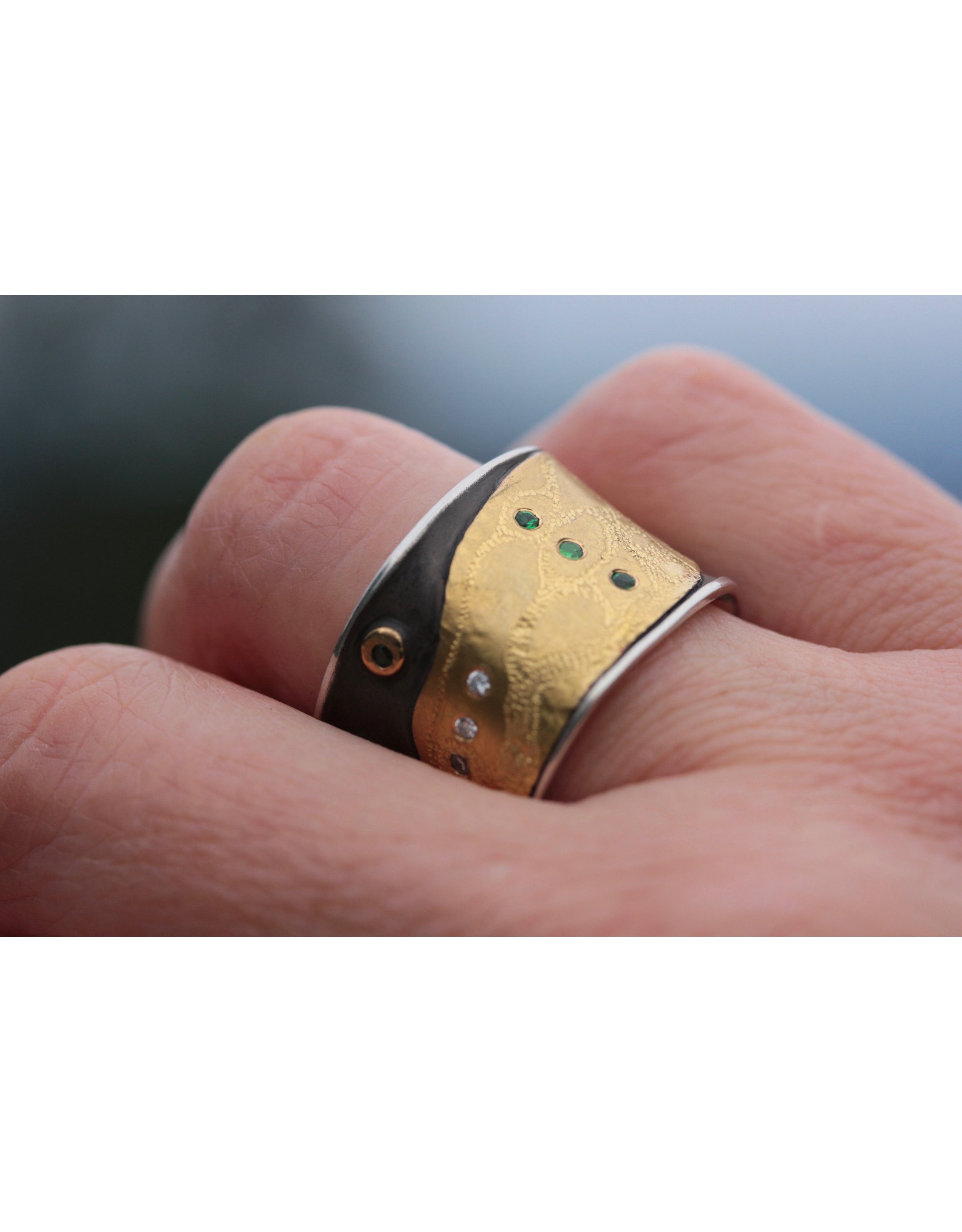 Canvas Cigar Band with Tsavorite Green Garnets and White Diamonds in 22k Gold and Silver