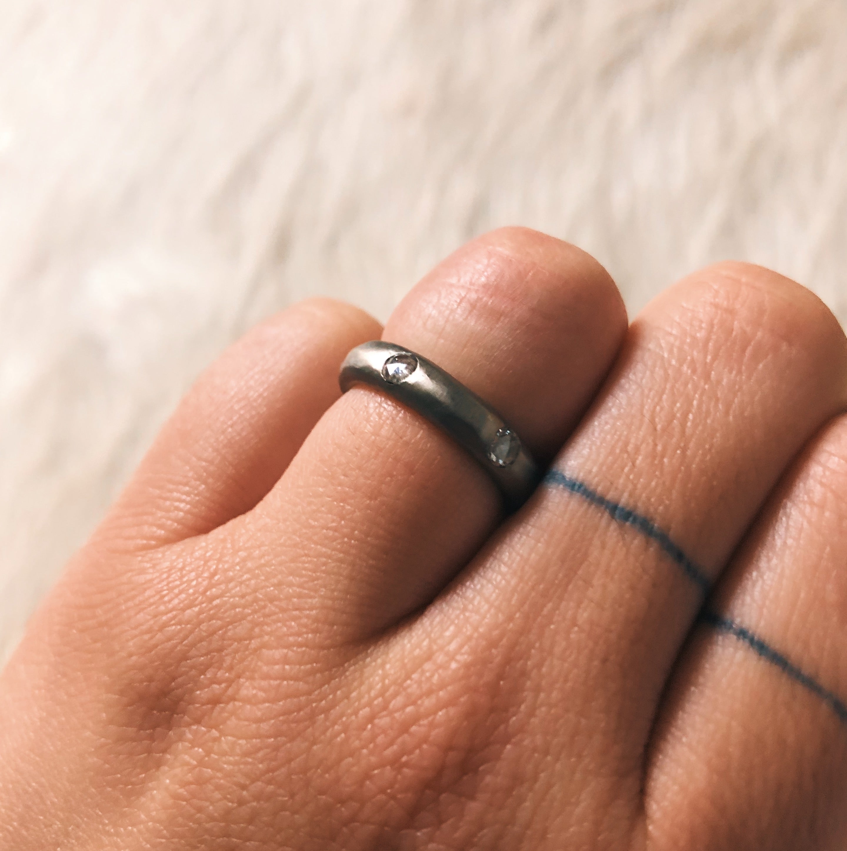 4mm Half Round Modeled Band with Rose Cut Diamonds in 18k Palladium White Gold