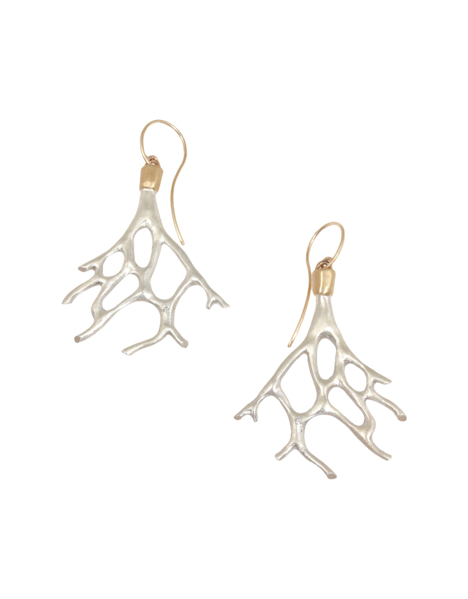 Aki Coral Branch Earrings in Silver and Bronze with White Diamonds