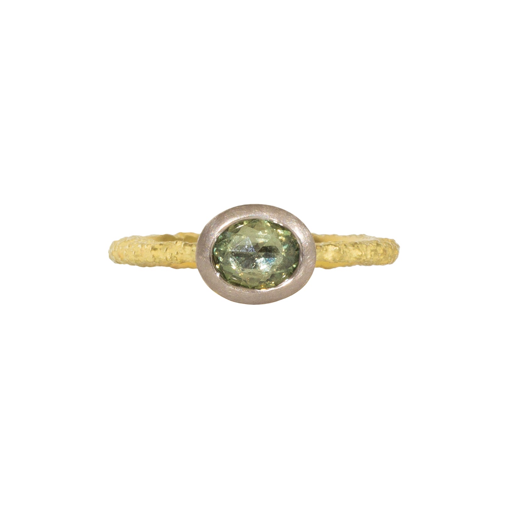Oval Green Sapphire Solitaire Ring in Sand-Textured 18k Yellow Gold with 14k Palladium White Gold
