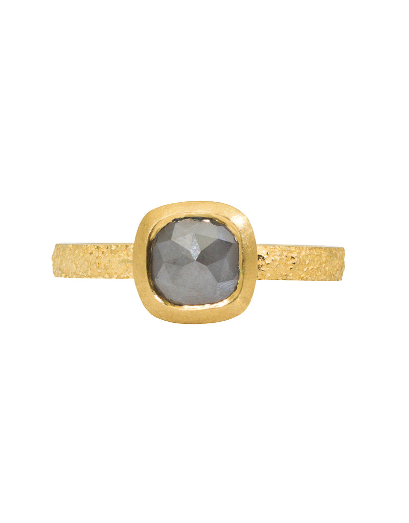 Grey Rosecut Cushion Diamond Solitaire Ring in Sand-Textured 18k Yellow Gold