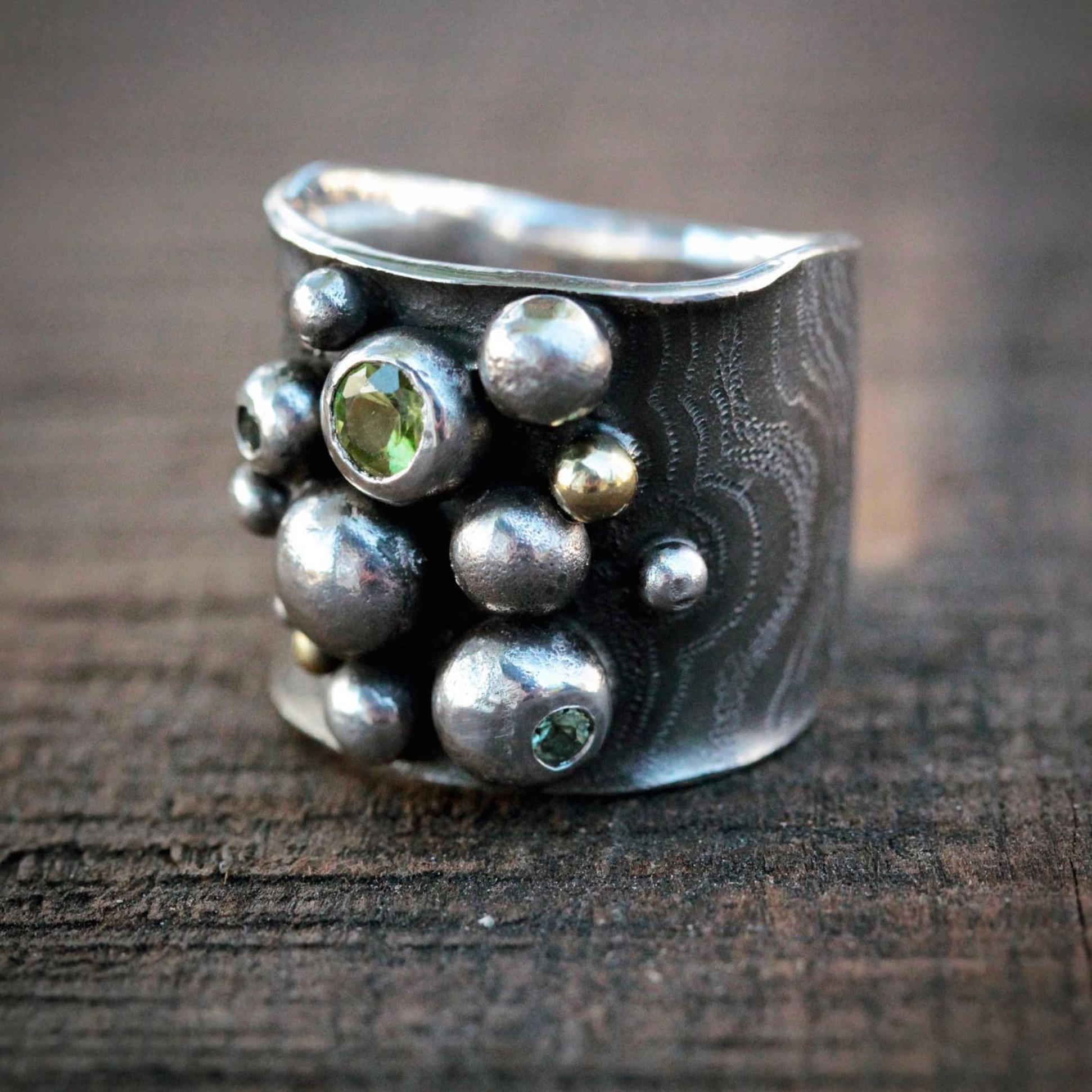 Wide Bubble Ring with Green Garnet & Sapphires in Oxidized Silver