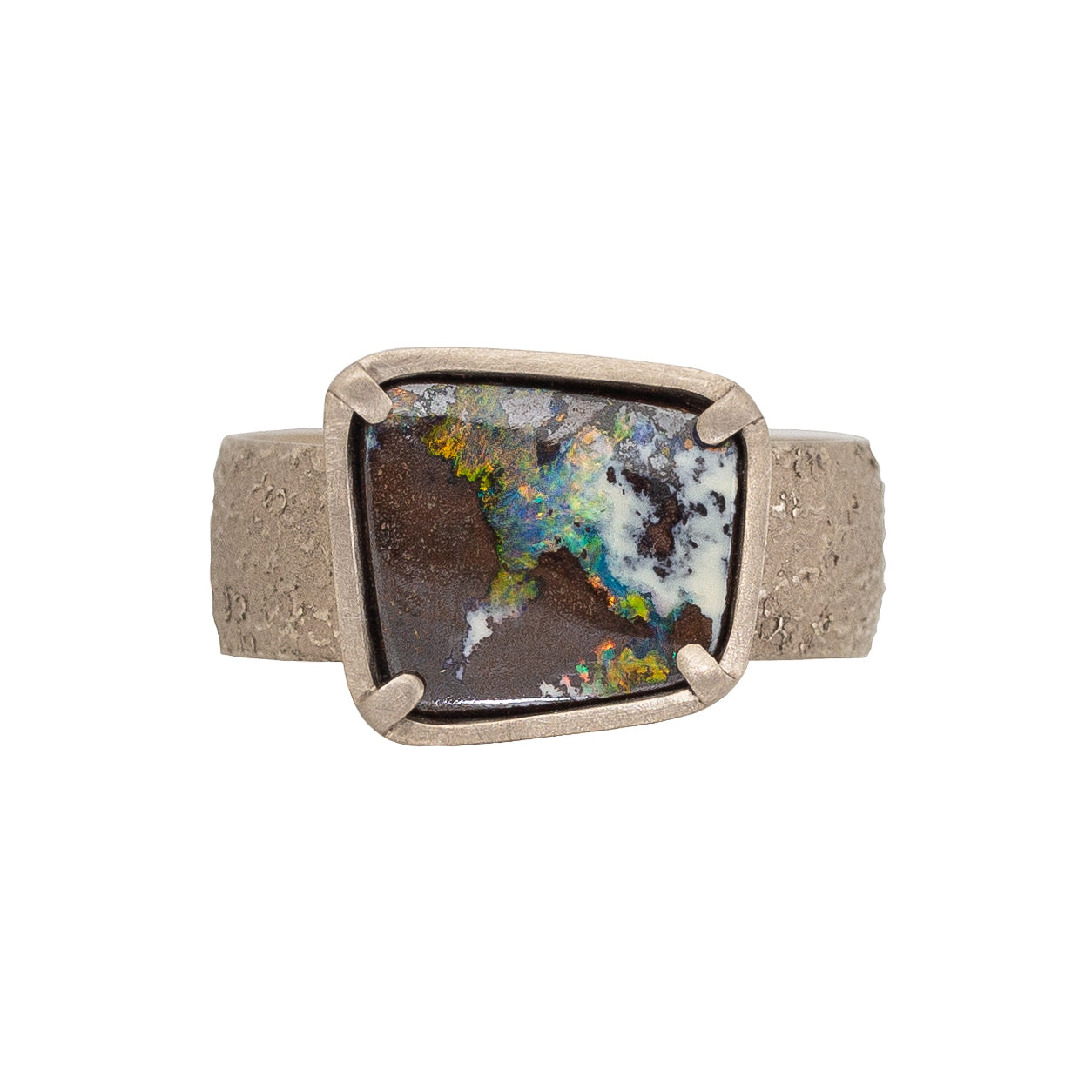 Opal Ring in Sand-Textured 18k Palladium White Gold