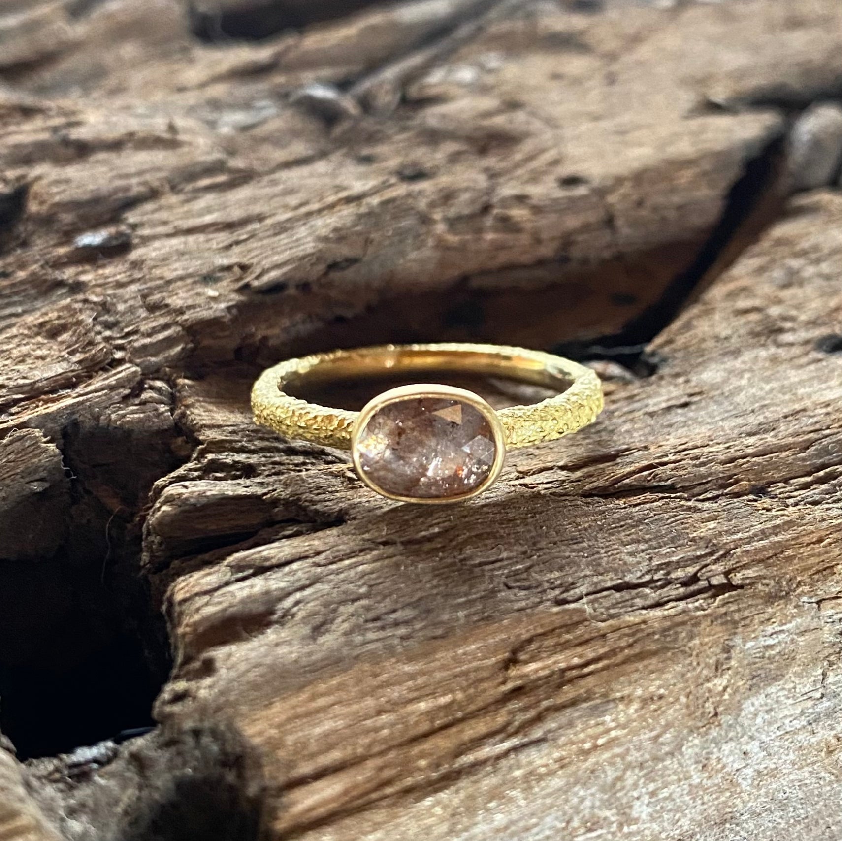 Oval Rosecut Red Diamond Solitaire Ring in Sand-Textured 18k Yellow Gold