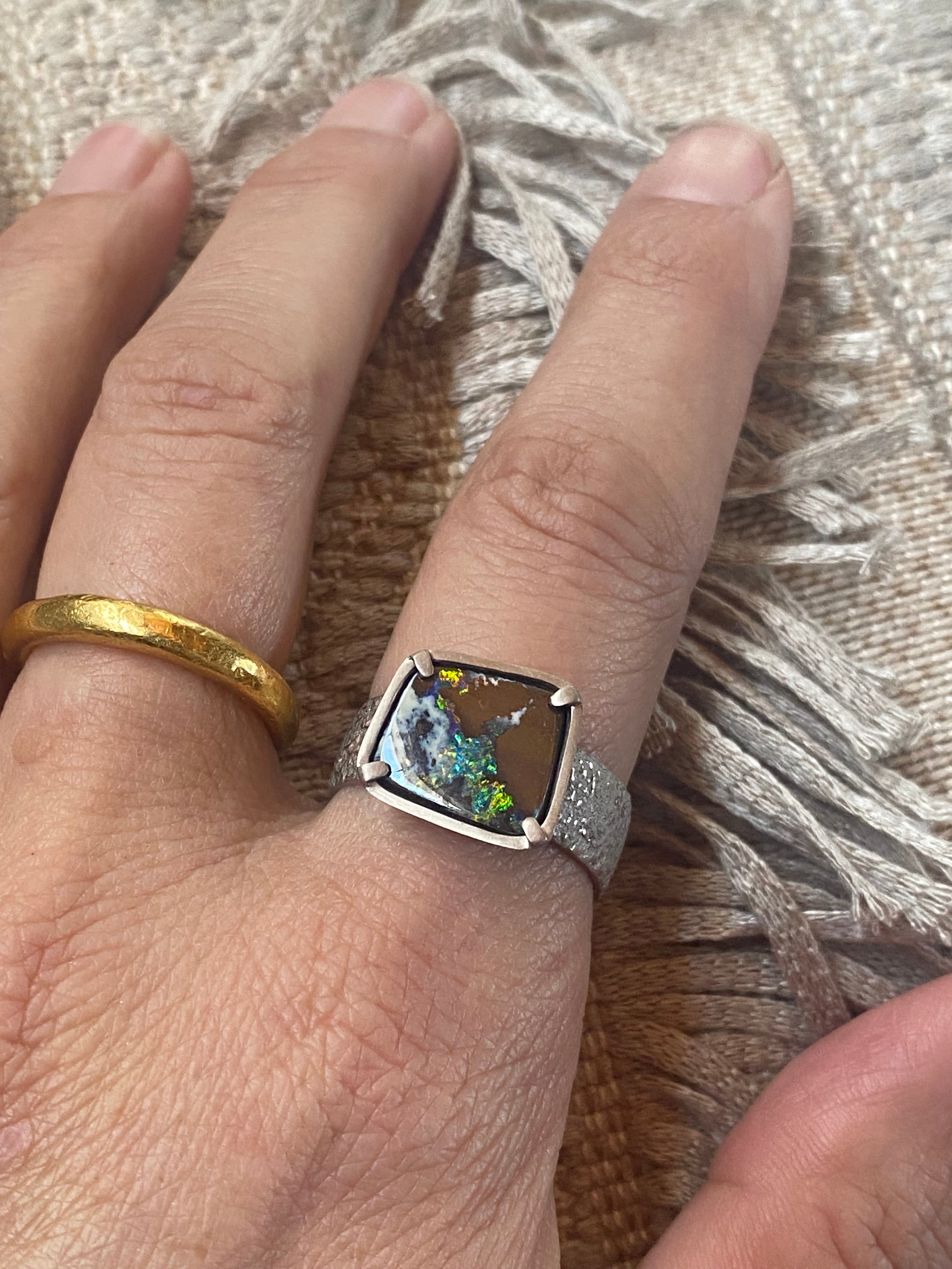 Opal Ring in Sand-Textured 18k Palladium White Gold