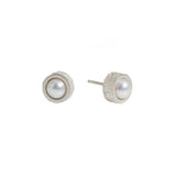 White Pearl Post Earrings with Sand Texture in Silver